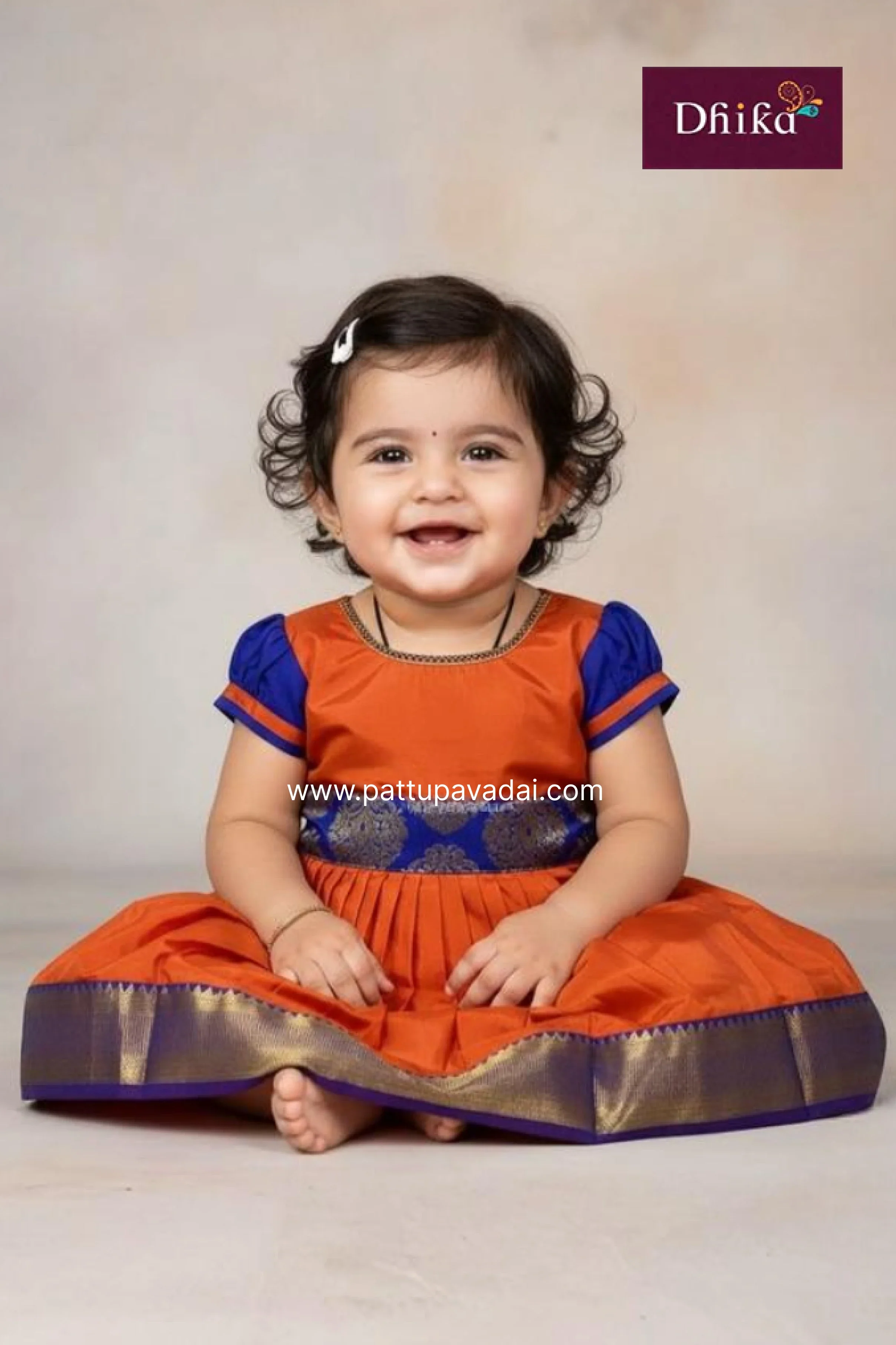 Orange & Navy Blue Silk Frock for Girls | Kids Party Wear Dress
