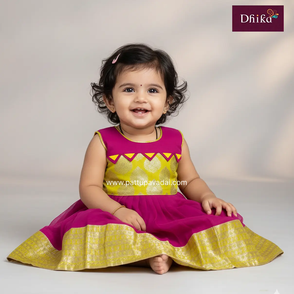 Pink & Yellow Pure Silk Frock for Baby Girls | Traditional Kids Wear | 6M