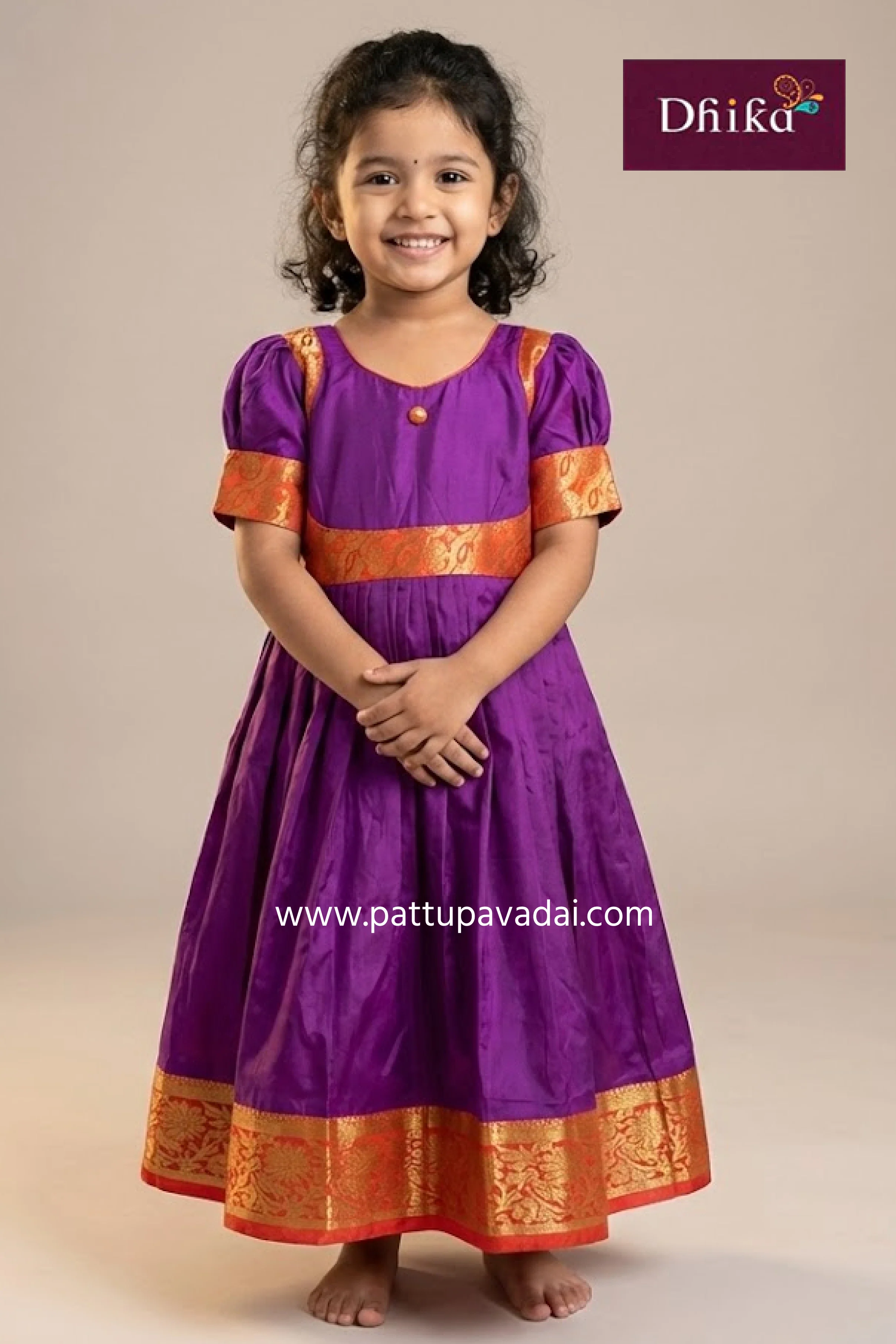 Pure Silk Long Gown Violet and Orange – Traditional Silk Frock for Kids