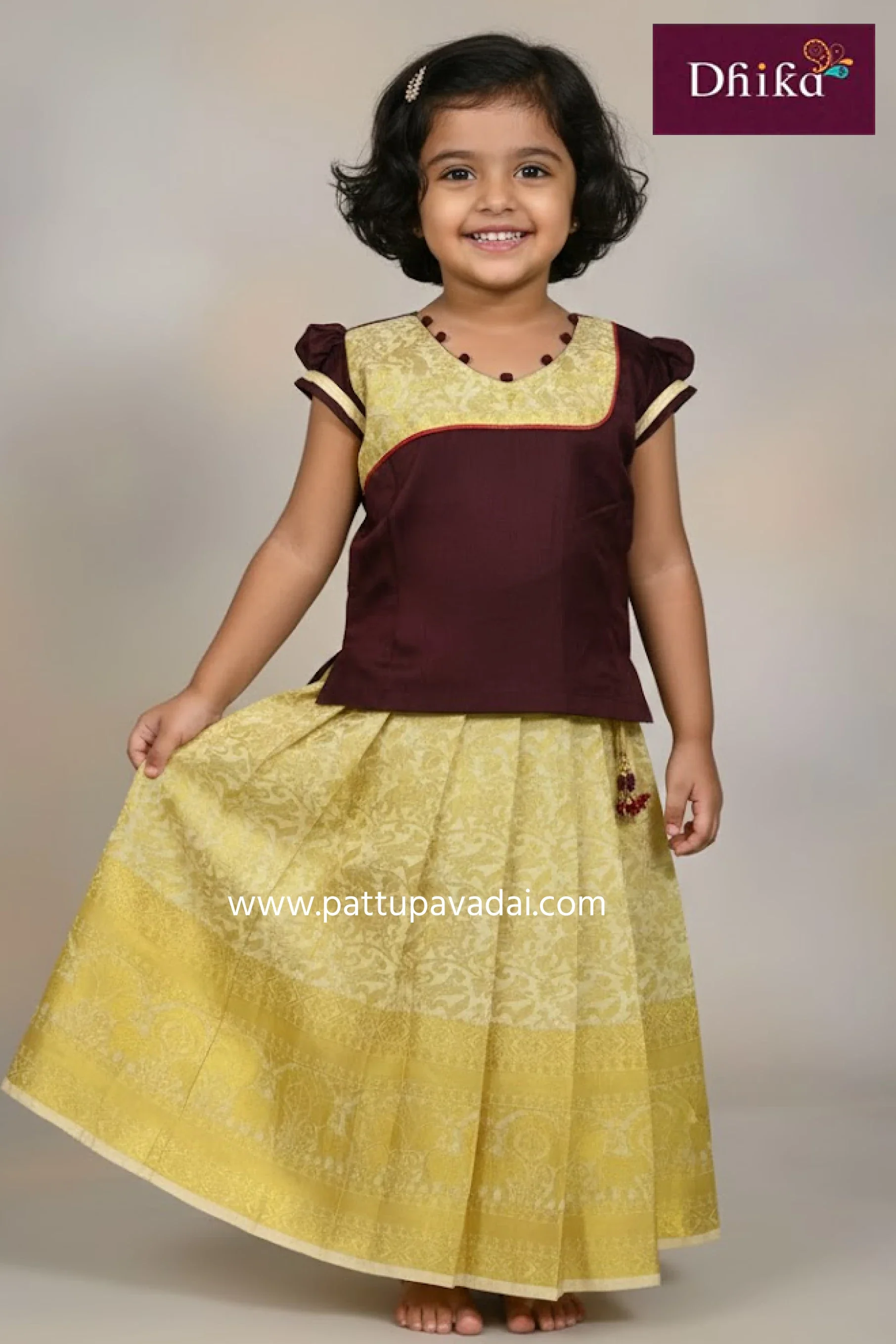 Kids Pure Silk Pavadai Brown and Sandal – Peacock Zari Skirt with Elephant Border and Puff Sleeve Top
