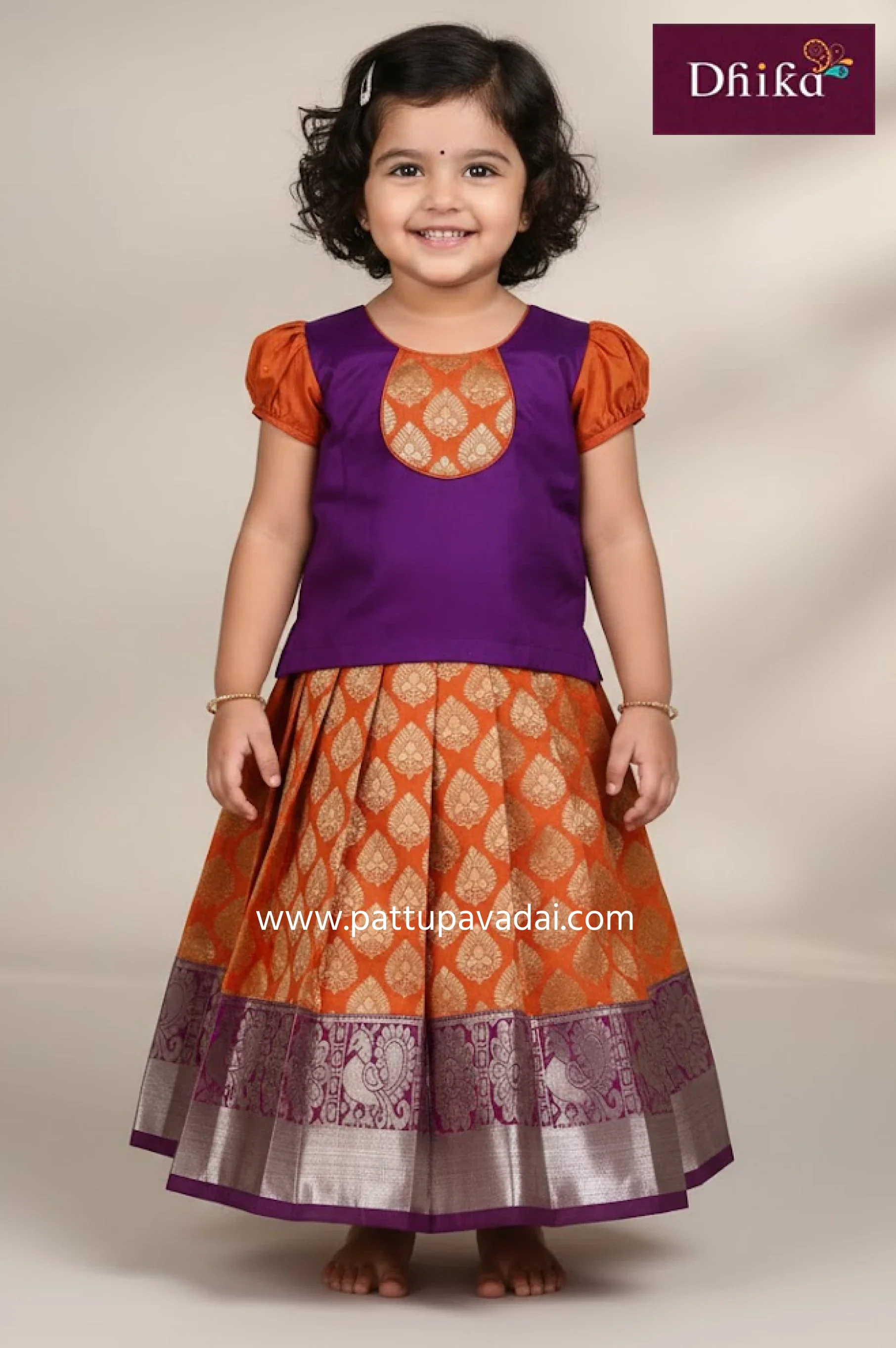 Art Silk Pavadai Orange and Violet – Traditional Silk Skirt Set for Baby Girls and Kids
