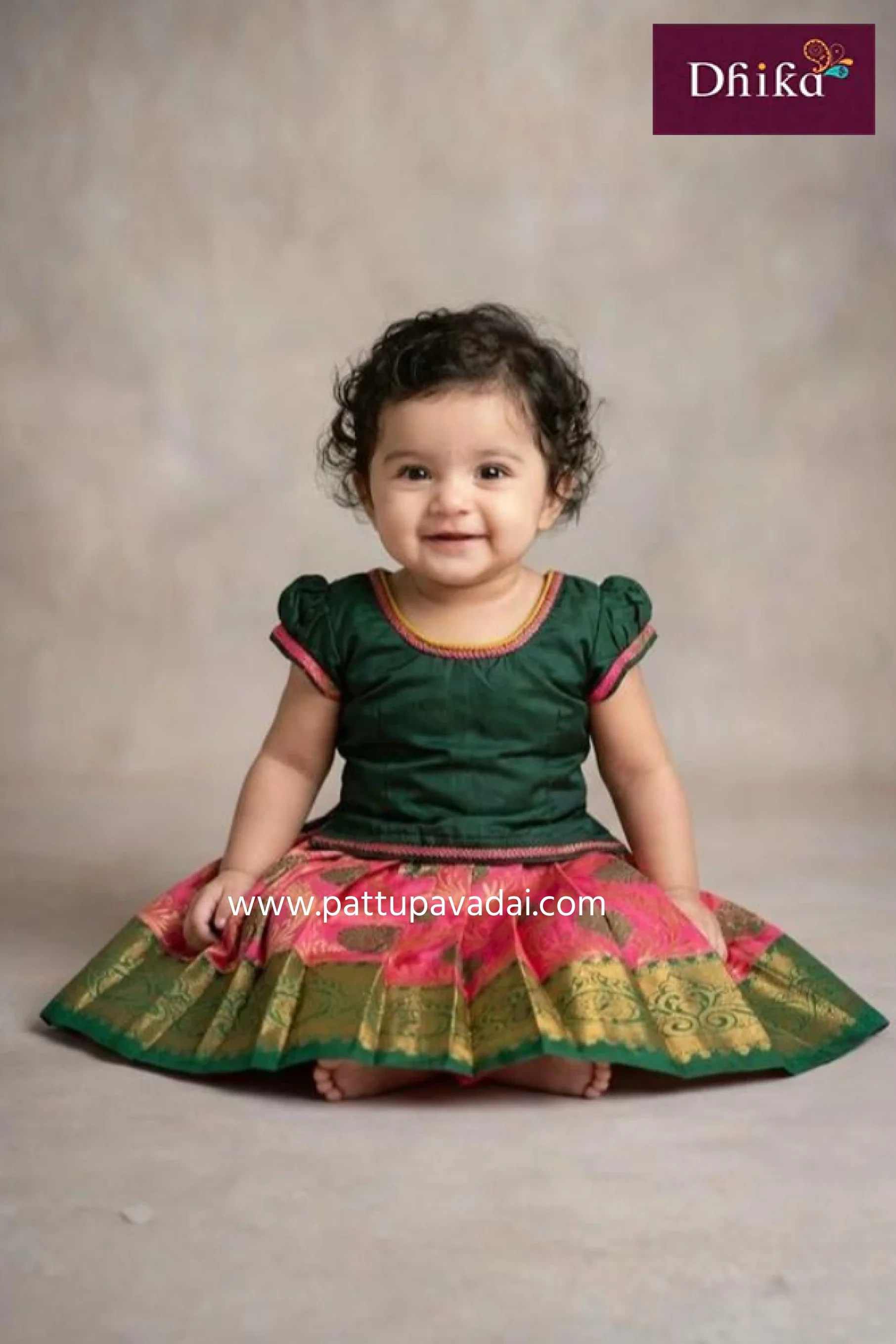 Kids Pure Silk Pavadai Pink and Green – Peacock Zari Butta Skirt with Lace Work Blouse