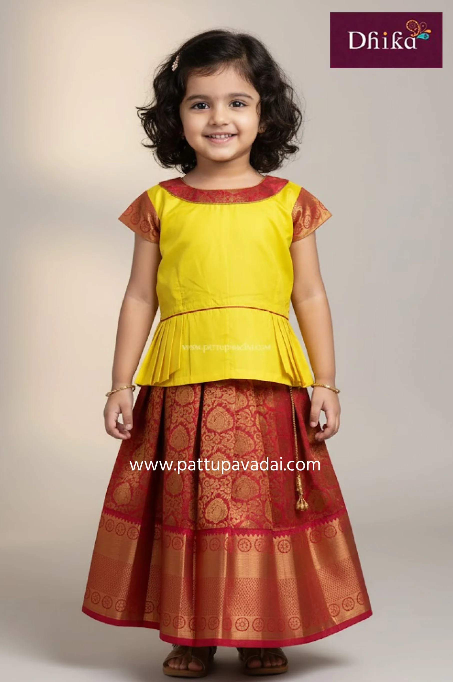 Pure Silk Pavadai Red and Yellow – Traditional Zari Work Skirt and Neck Patchwork Top for Kids