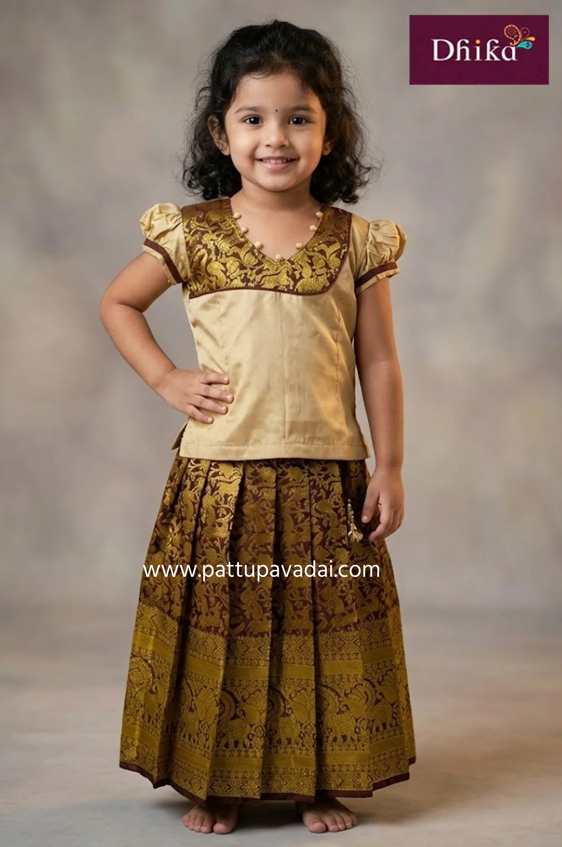 Pure Silk Pavadai Sandal and Brown – Peacock Zari Skirt with Elephant Border for Kids