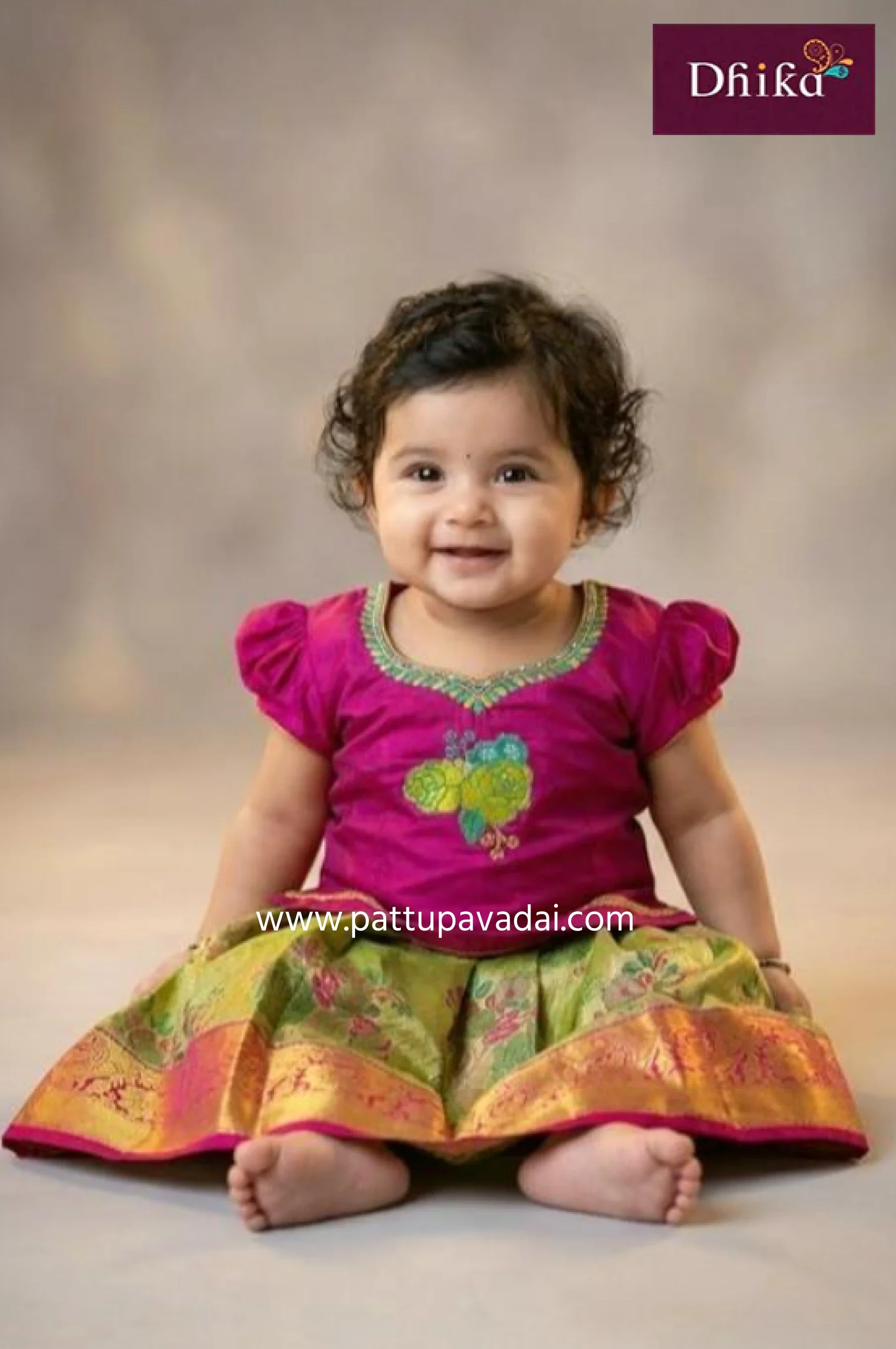 Embroidery Pure Silk Tissue Pavadai Pink – Traditional Zari and Embroidered Skirt Set for Kids