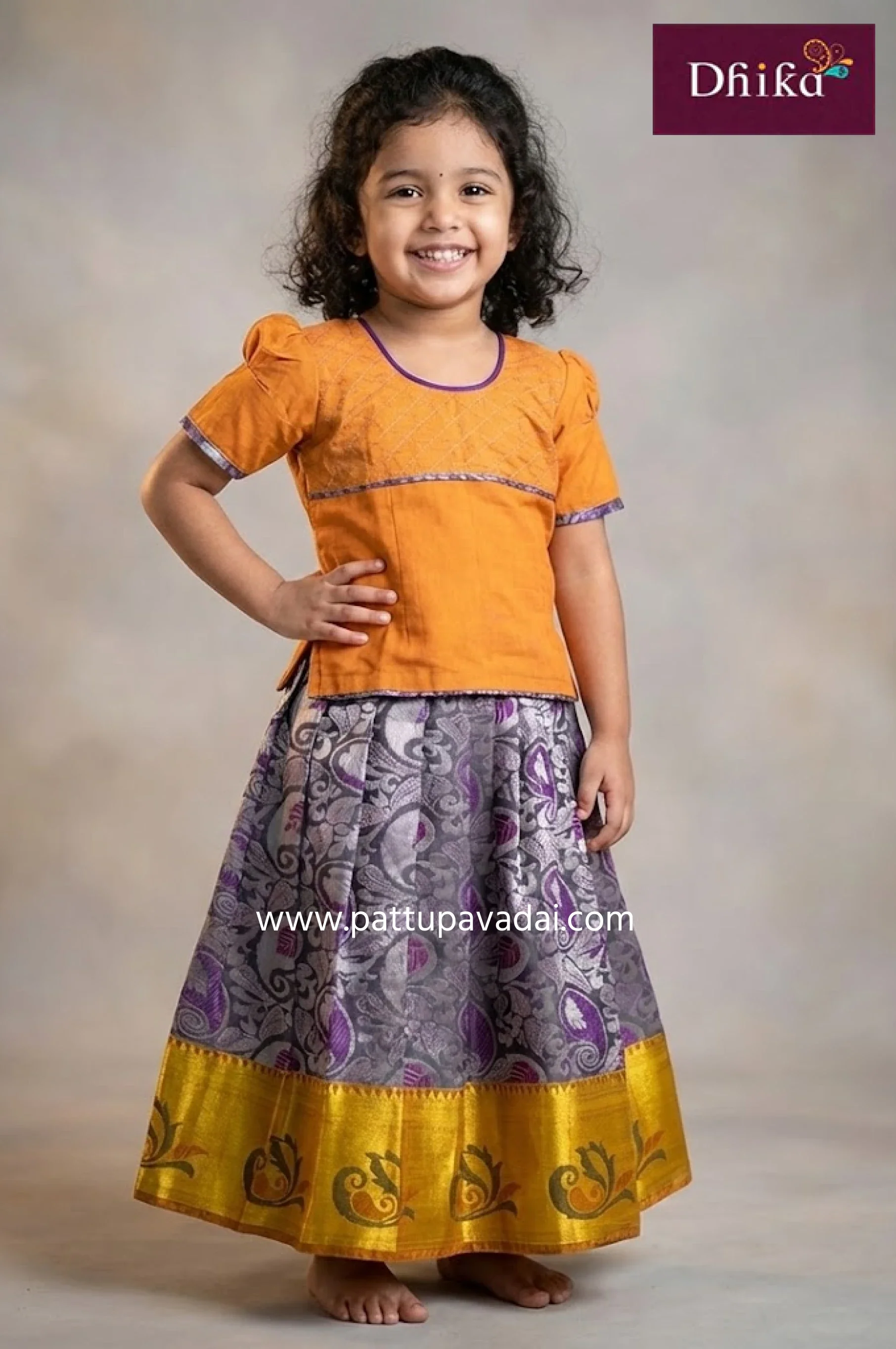 Pure Soft Silk Pavadai Navy Blue and Golden – Traditional Silk Skirt Set for Kids
