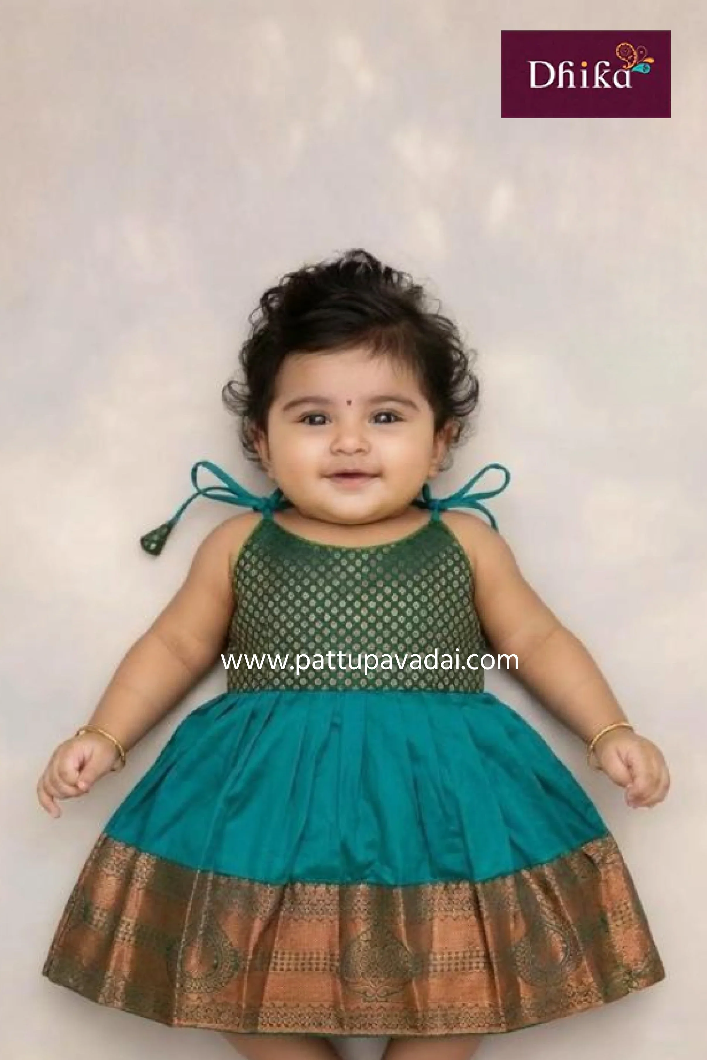 Rama Green & Copper Silk Frock for Girls – Party & Festive Wear Dress