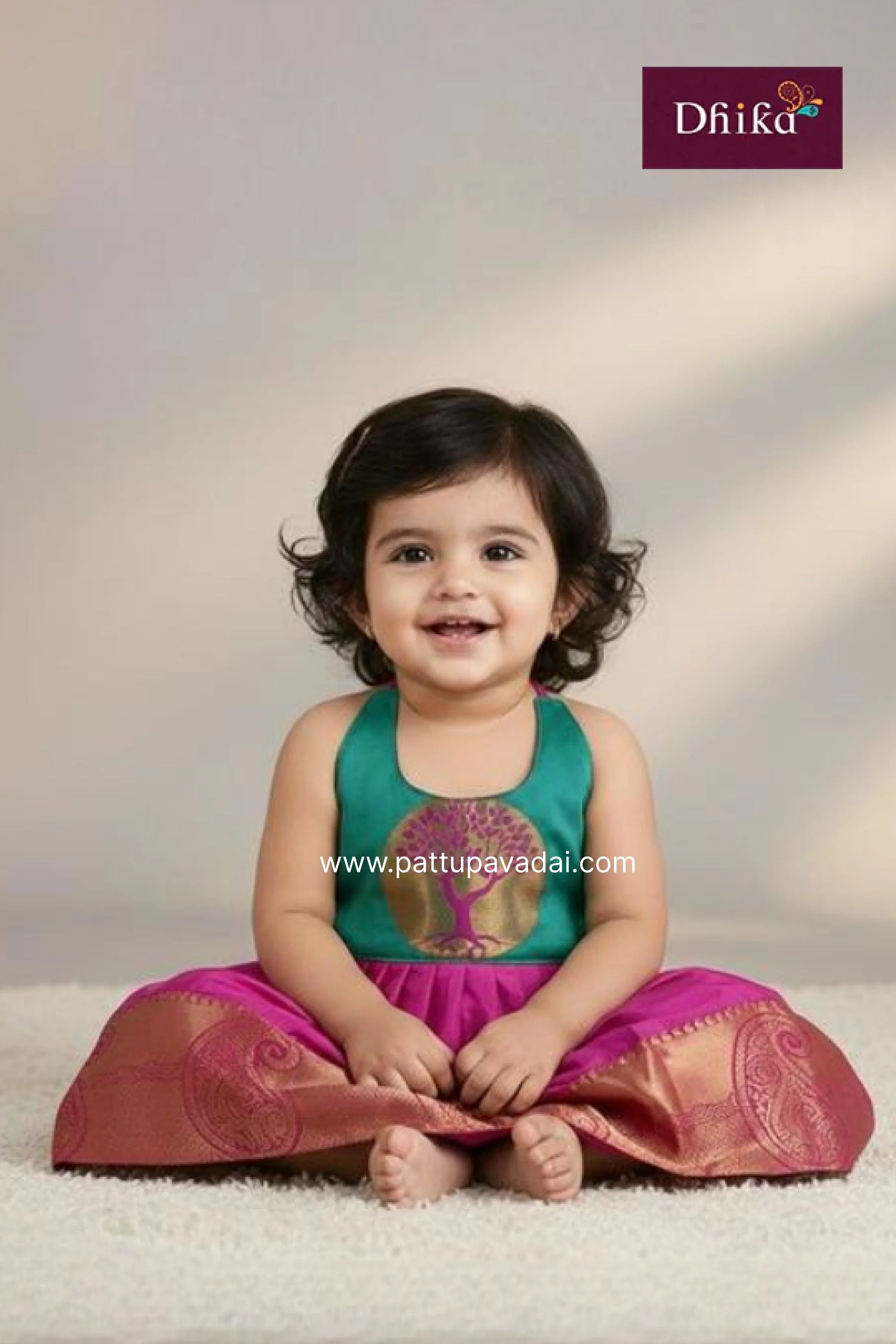 Rama Green & Pink Silk Frock for Girls | Kids Party Wear Dress