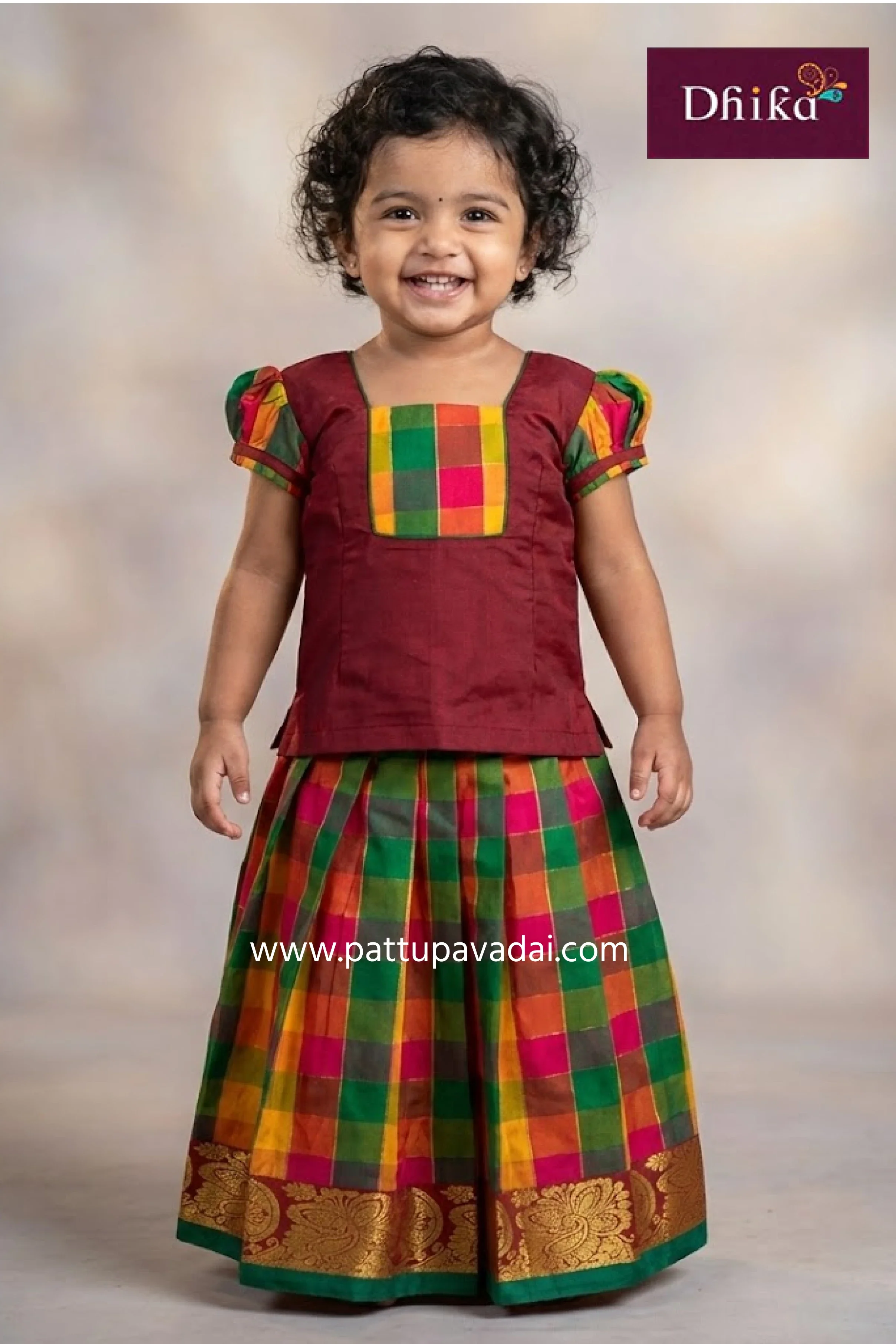 Raw Silk Checked Pavadai Red And Green – Traditional Pattu Pavadai for Kids