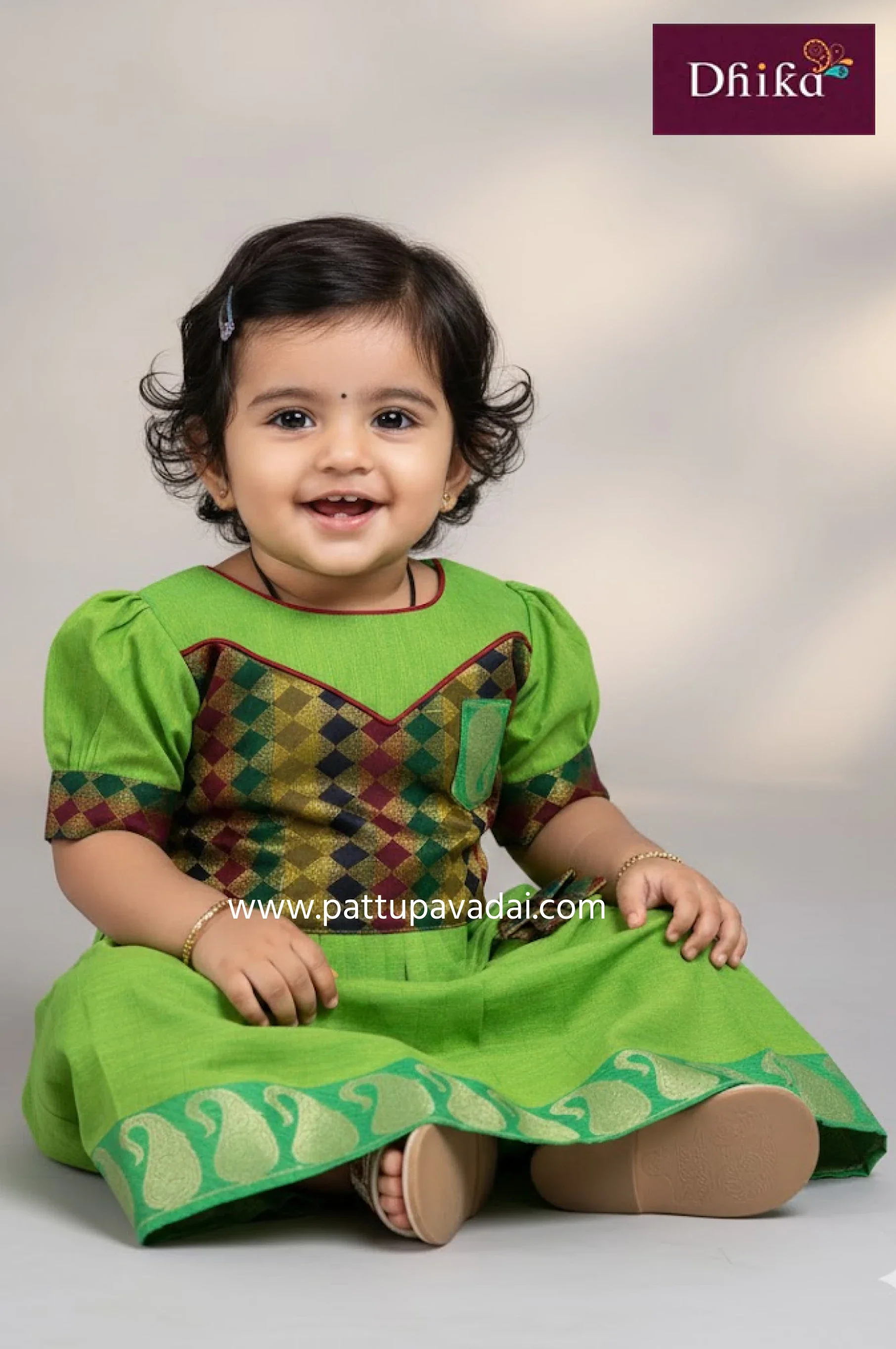 Pure Cotton Pavadai Parrot Green and Brown – Checked Skirt and Traditional Blouse Set for Kids