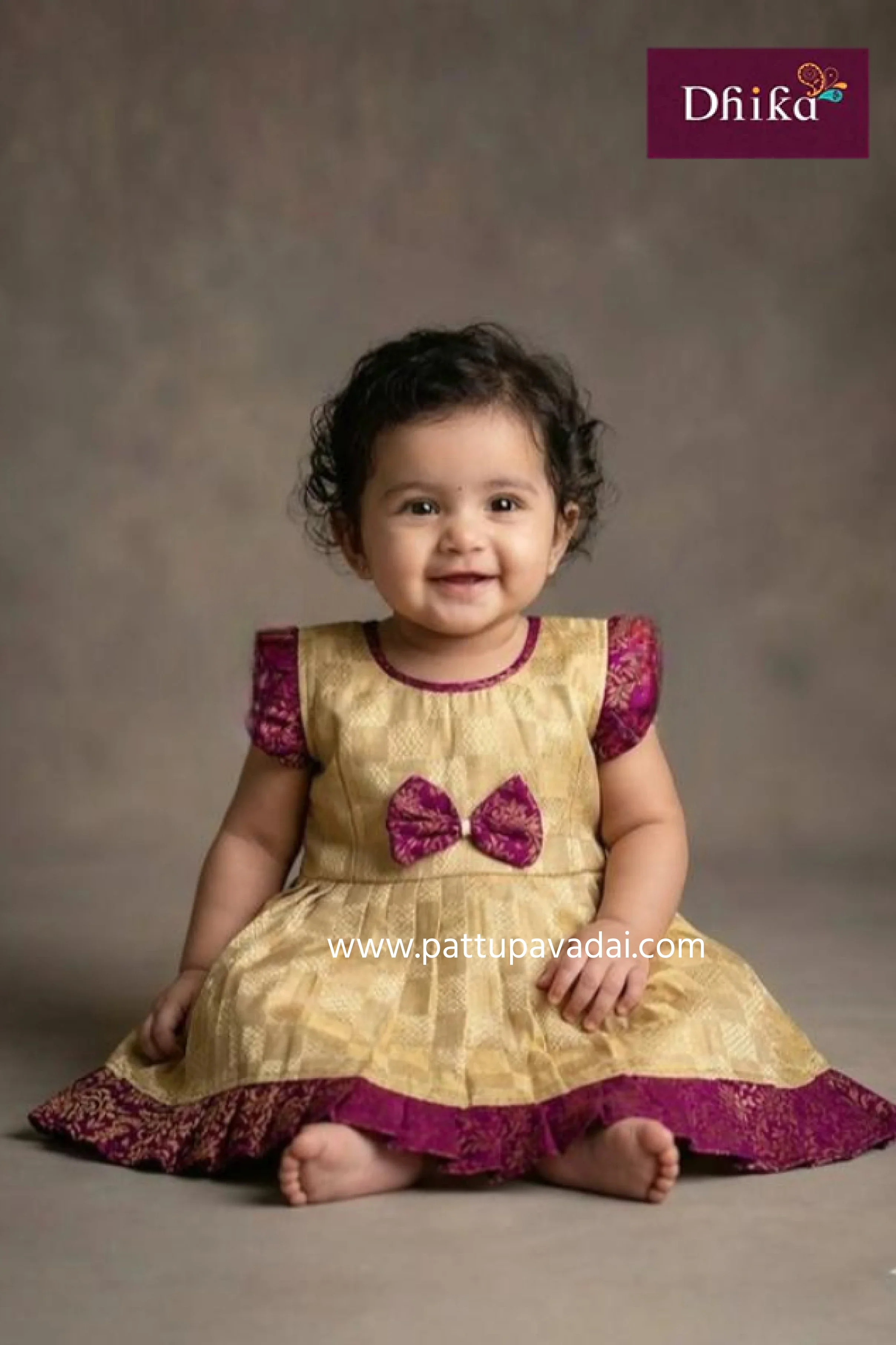 Raw Silk Frock Checked Cream and Magenta – Traditional Festive Wear for Kids