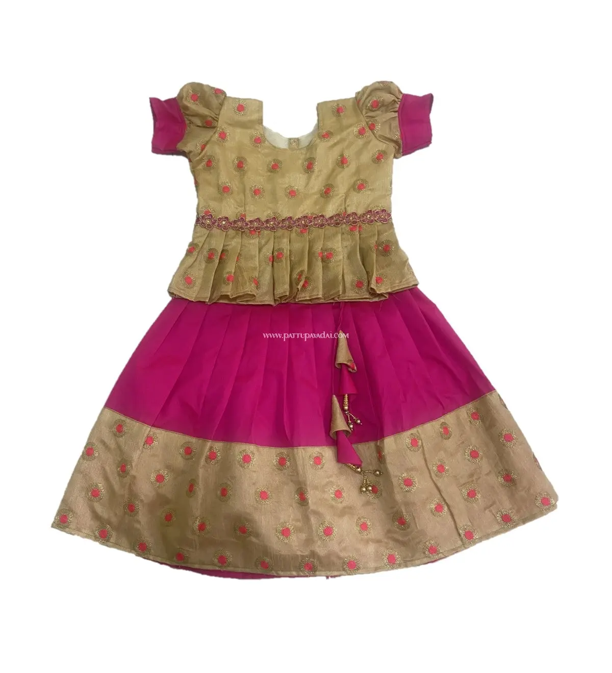 Raw Silk Pavadai Sattai Pink and Cream – Embroidered Festive Set for Kids - Image 2