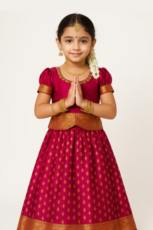 Kids Semi Kanchipuram Pattu Pavadai – Pink Traditional Silk Dress