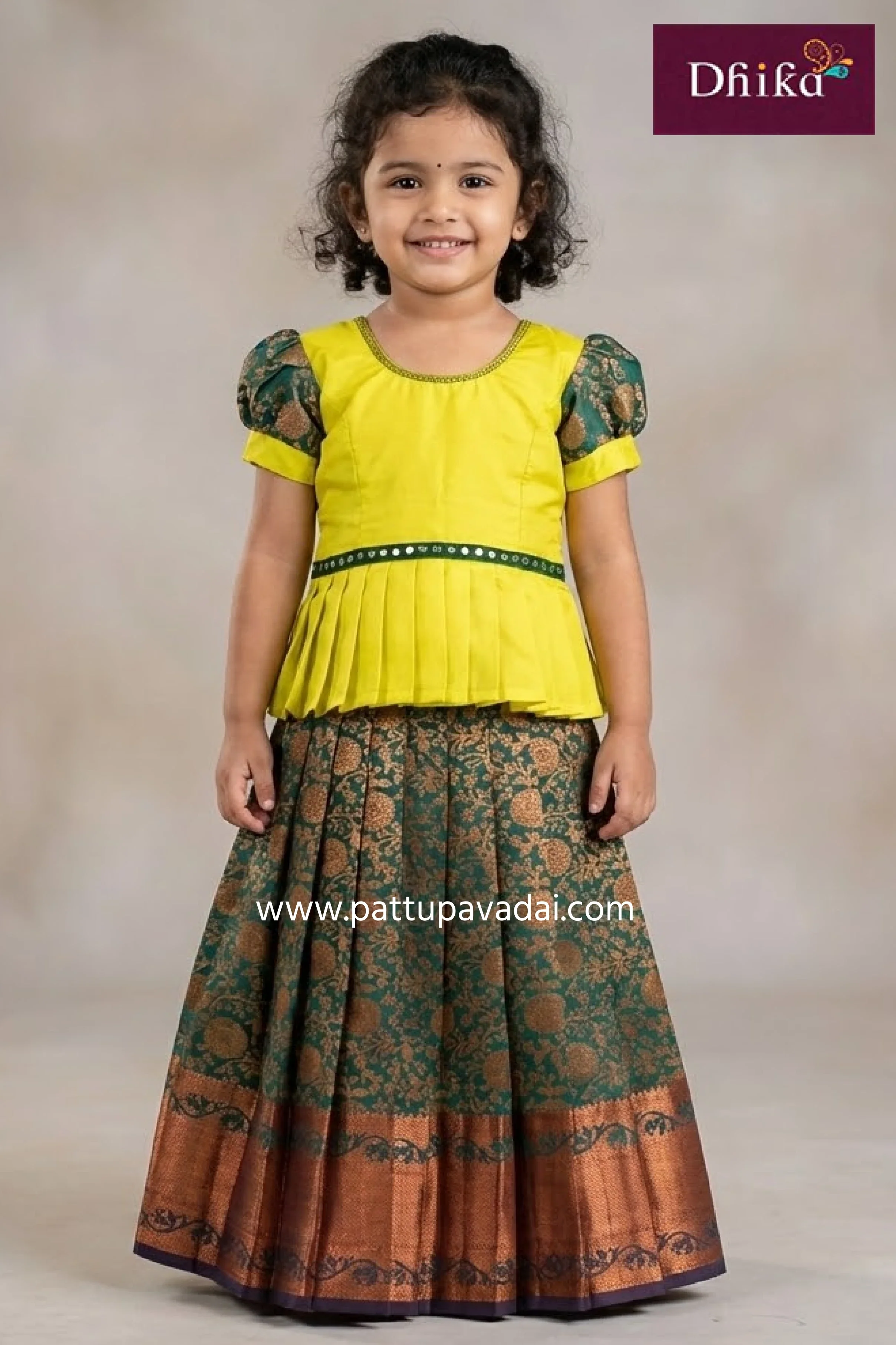 Kids Semi Silk Pattu Pavadai – Dark Green & Yellow Traditional Dress for Girls