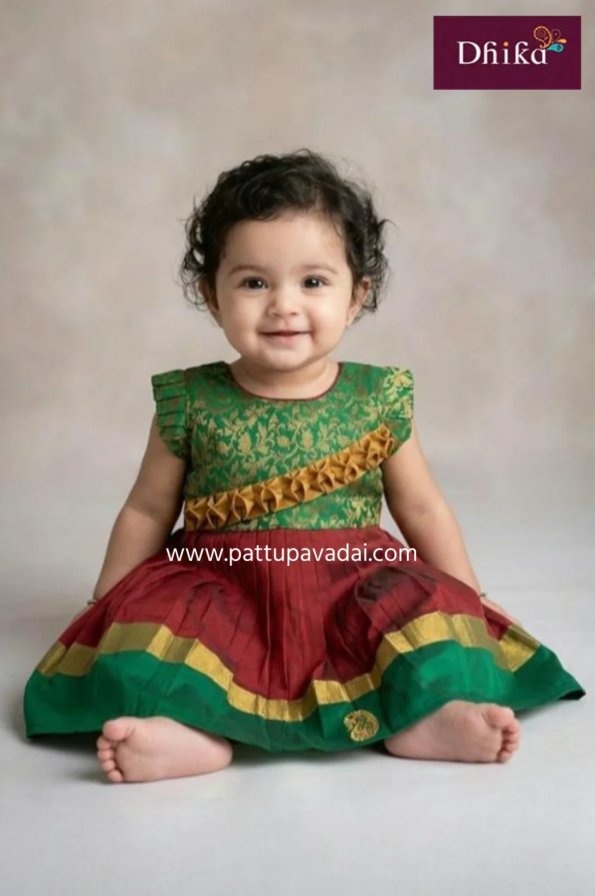 Silk Cotton Frock Green & Red – Designer Festive Wear for Kids