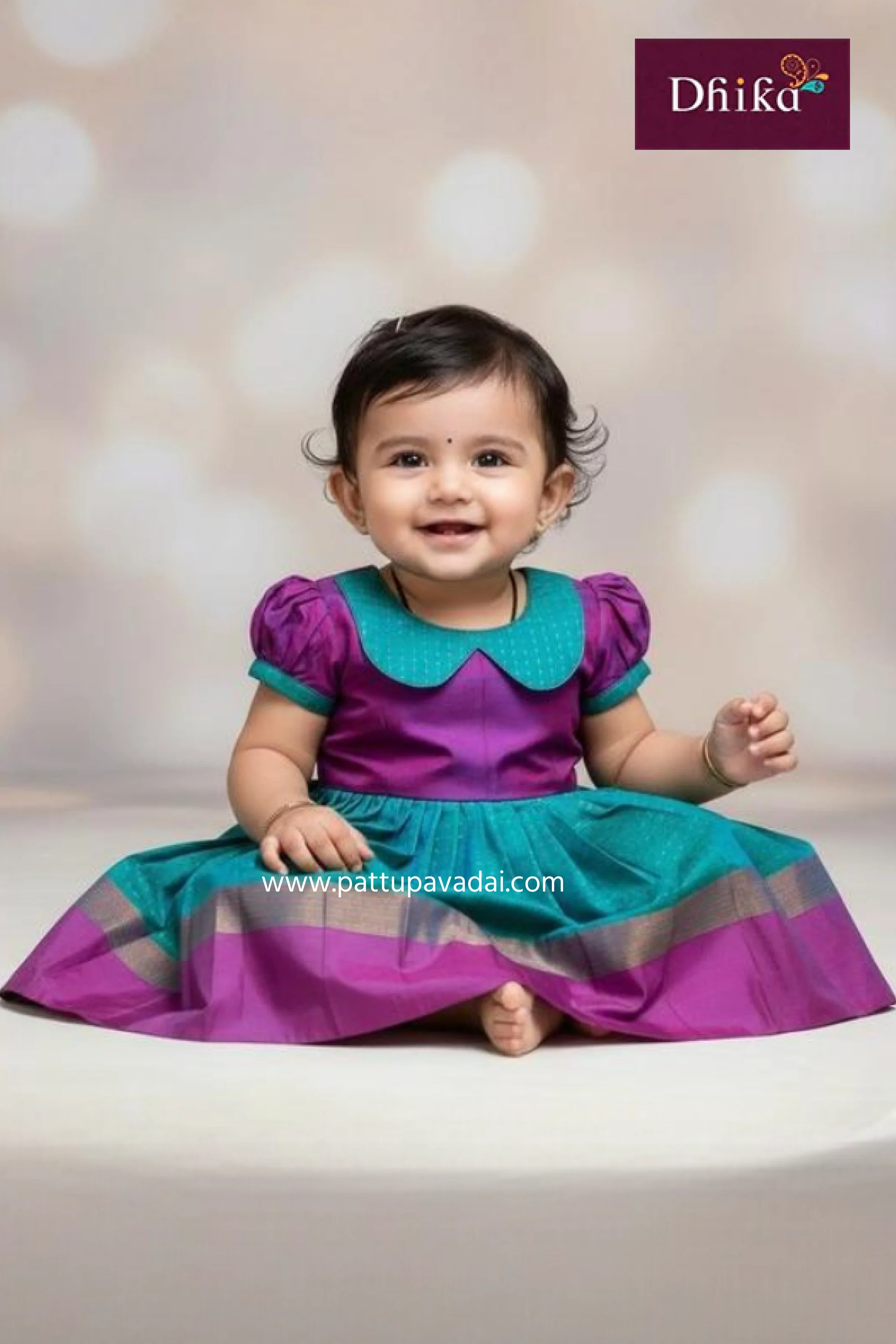 Silk Cotton Frock for Girls & Kids – Teal Blue & Lavender Party Dress - Image 2