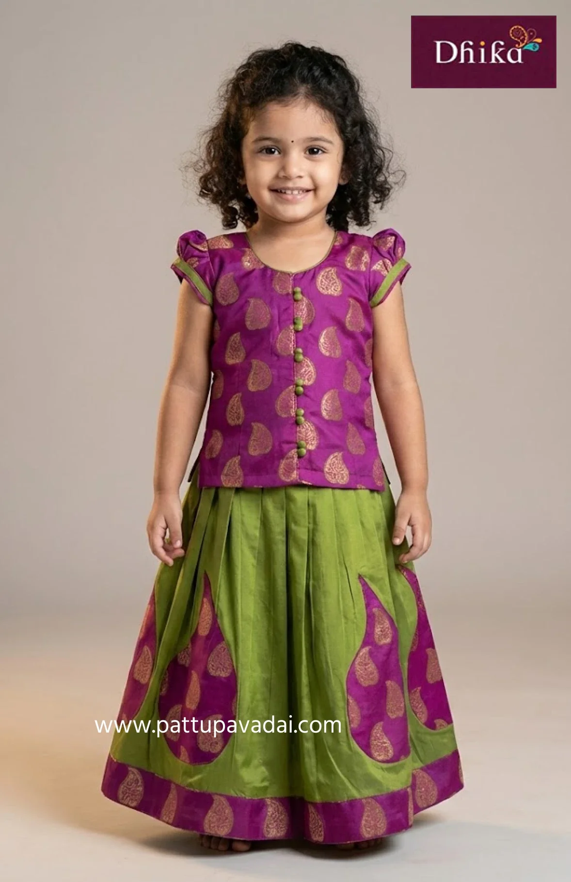 Kids Silk Cotton Parrot Green Skirt with Magenta Banarasi Top
