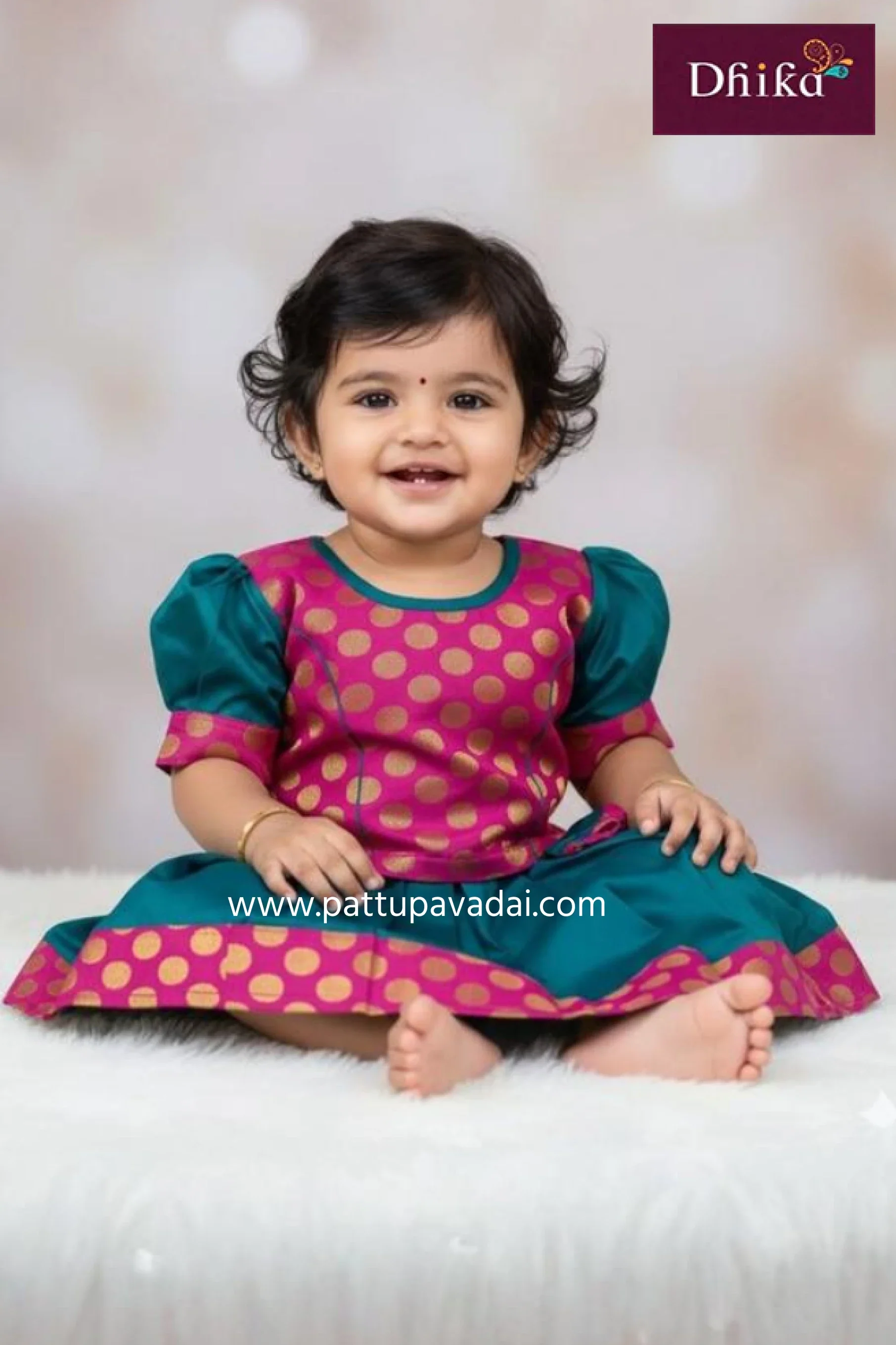 Kids Silk Cotton Pavadai Set Peacock Blue and Pink – Brocade Top with Flared Skirt