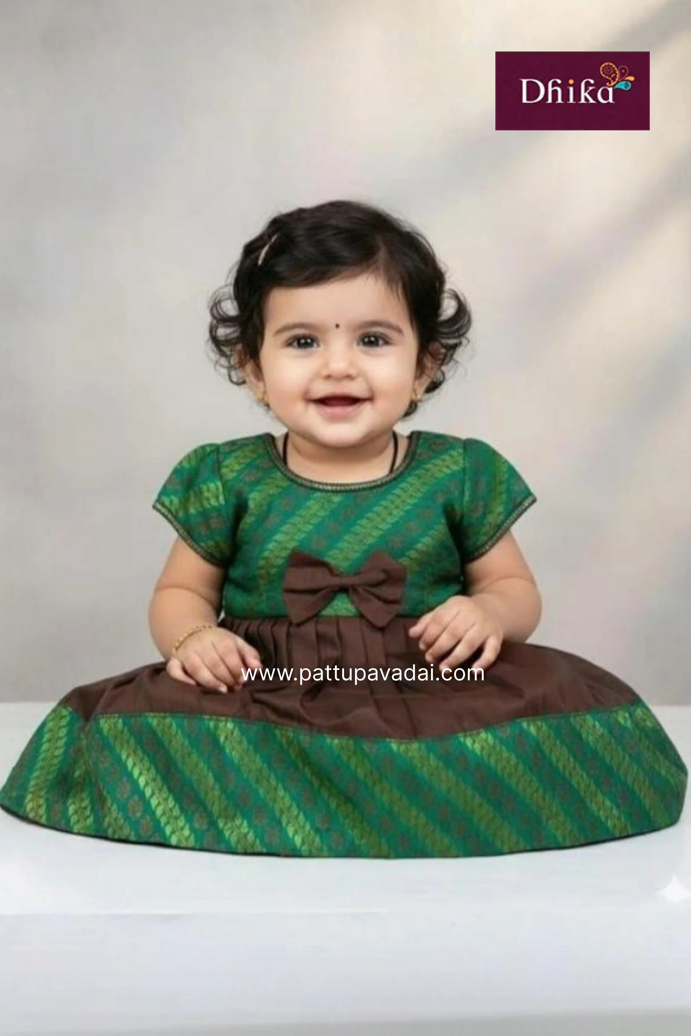 Brown & Green Silk Frock for Girls | Kids Party Wear Dress