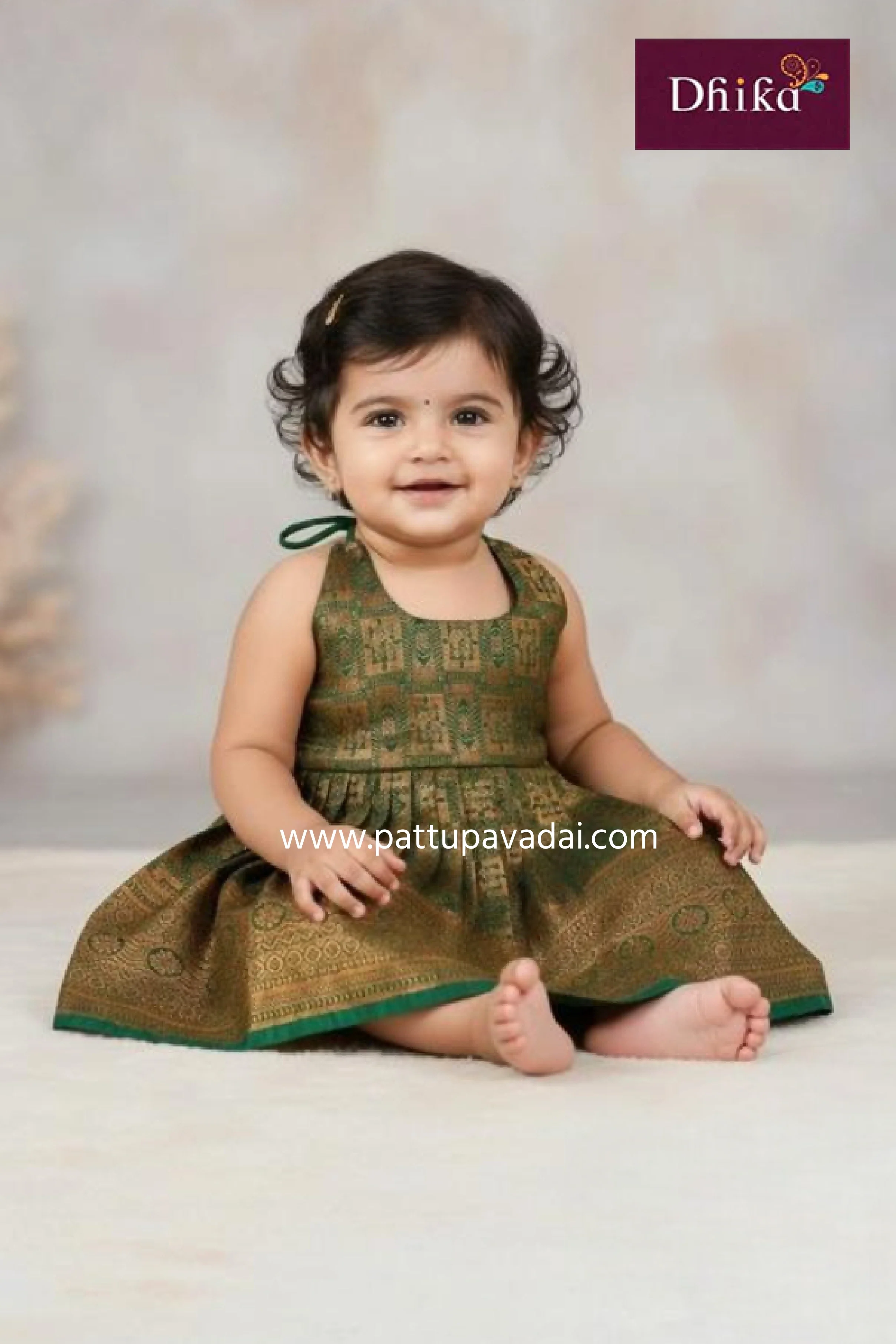 Golden & Green Silk Frock for Girls – Premium Festive & Party Wear Dress