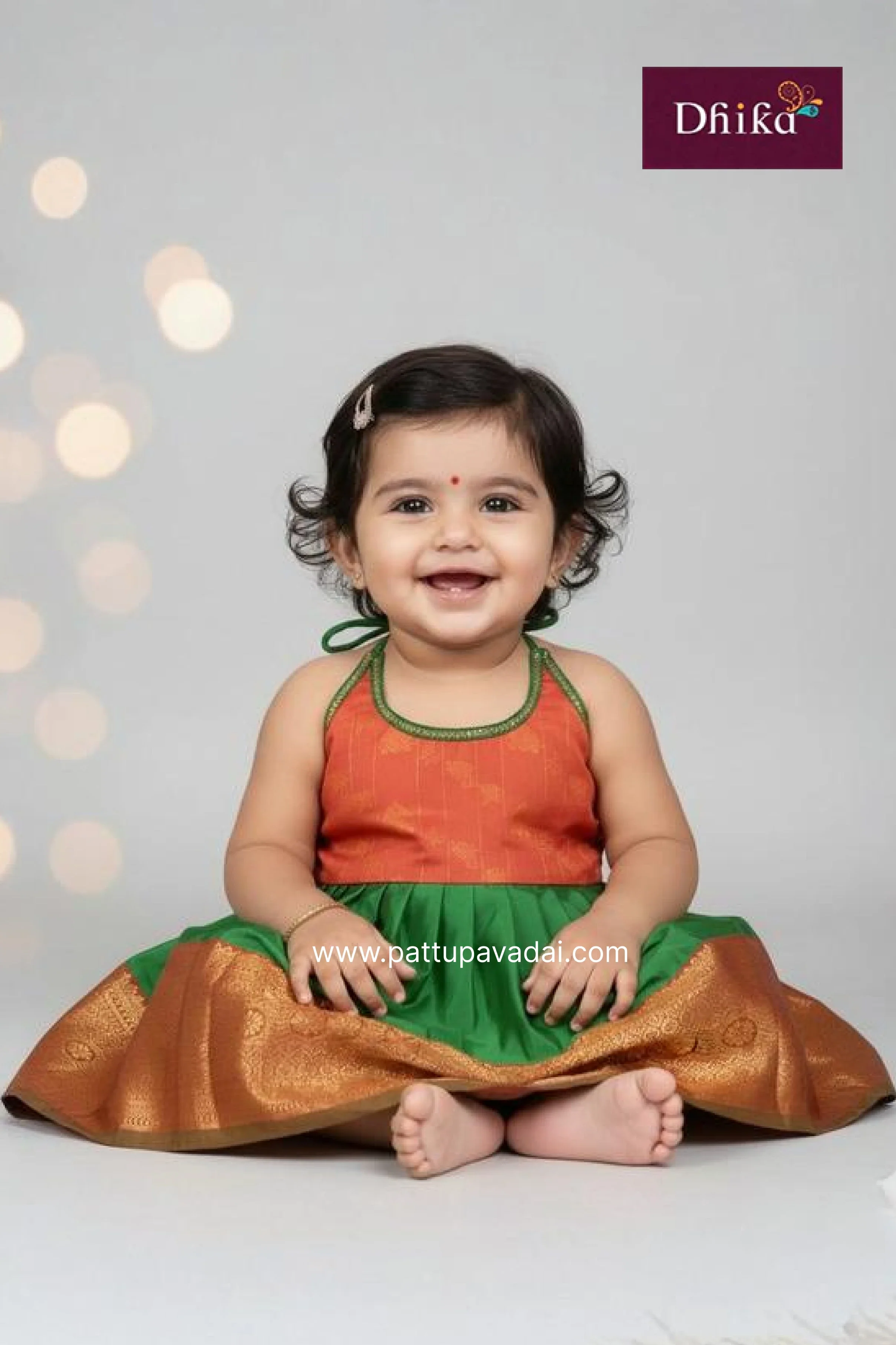 Orange & Green Silk Frock for Girls | Kids Party Wear Dress