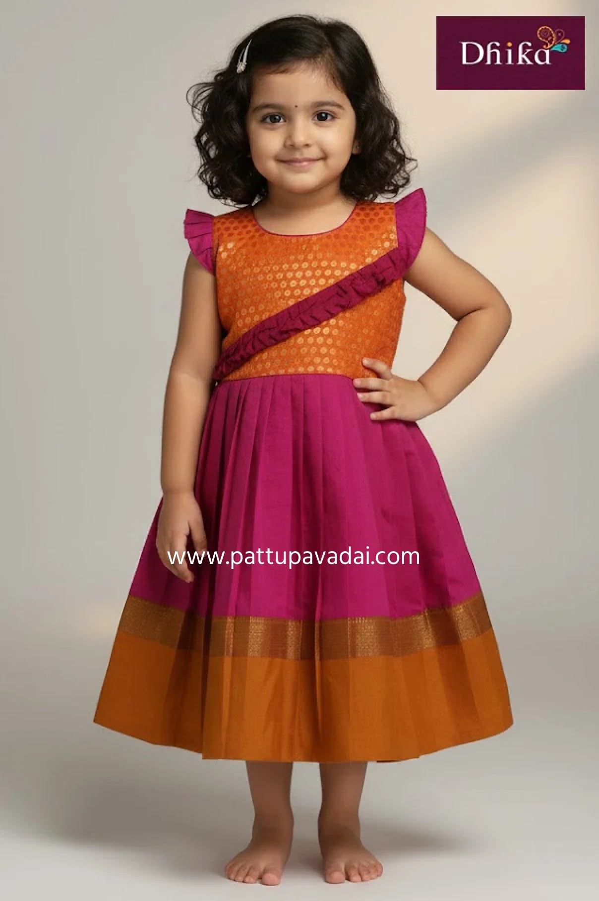 Silk Cotton Frock Orange & Pink – Designer Party Wear for Kids