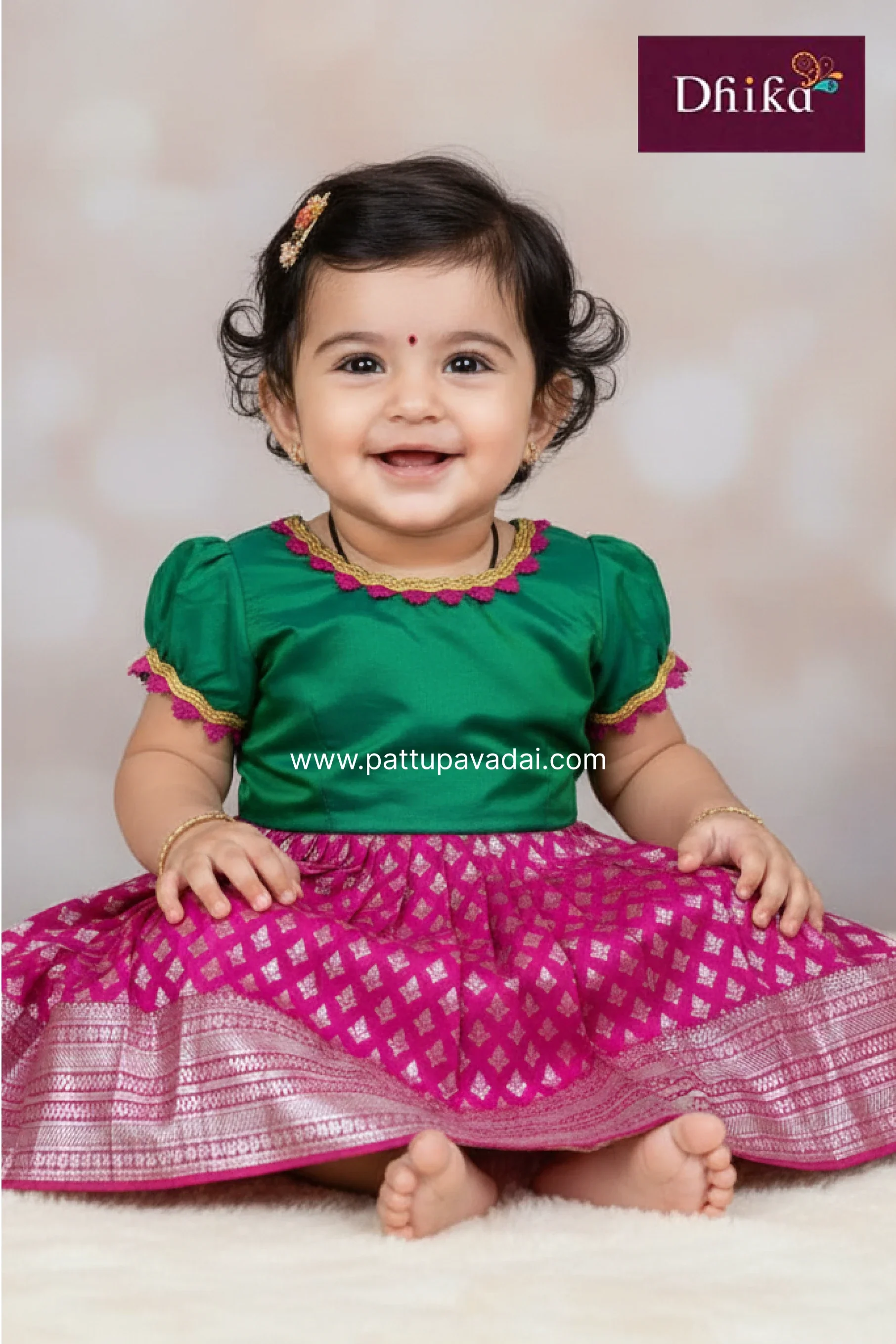Pink & Green Silk Frock for Girls | Kids Party Wear Dress | 6M–7Y
