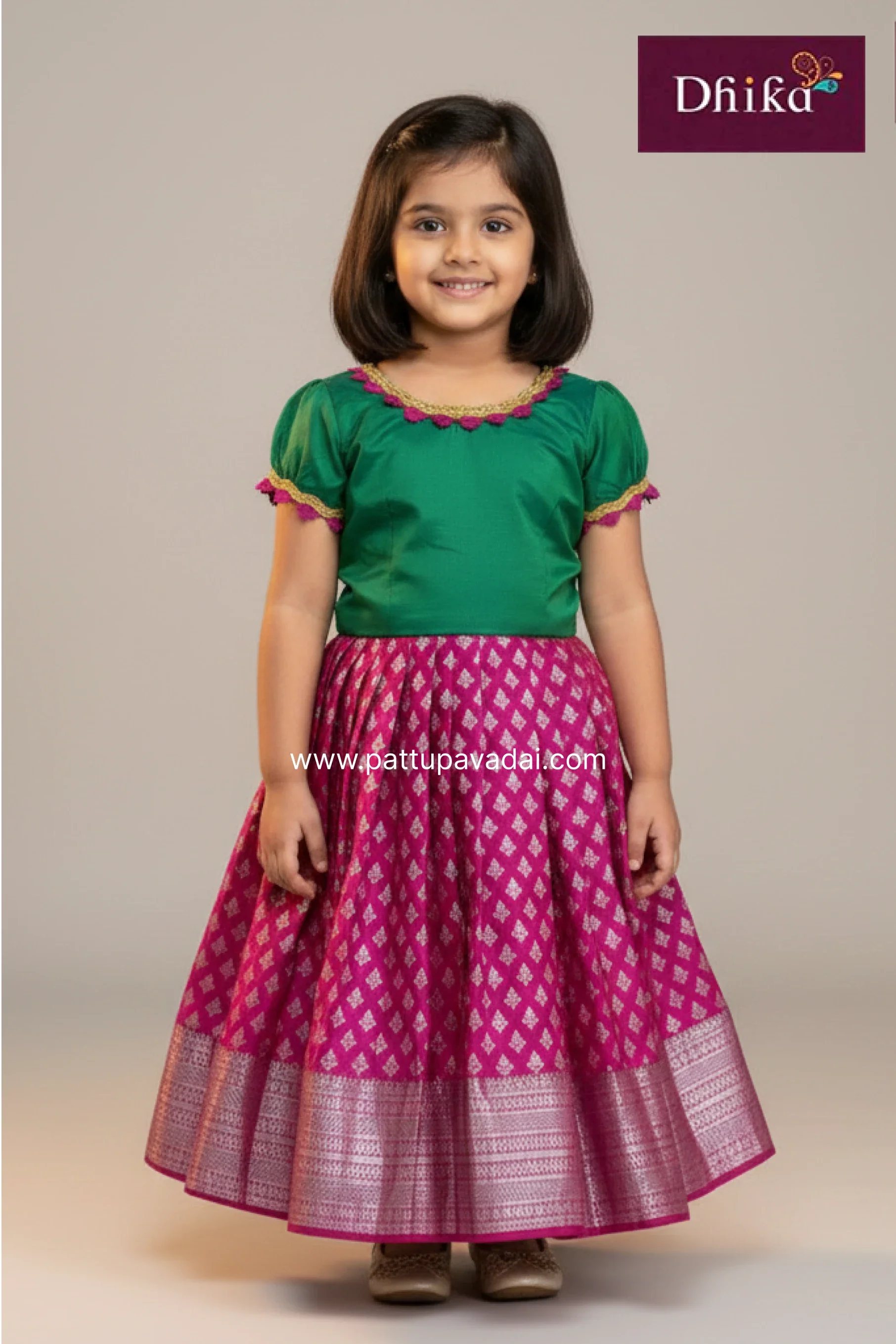Pink & Green Silk Frock for Girls | Kids Party Wear Dress | 6M–7Y - Image 2