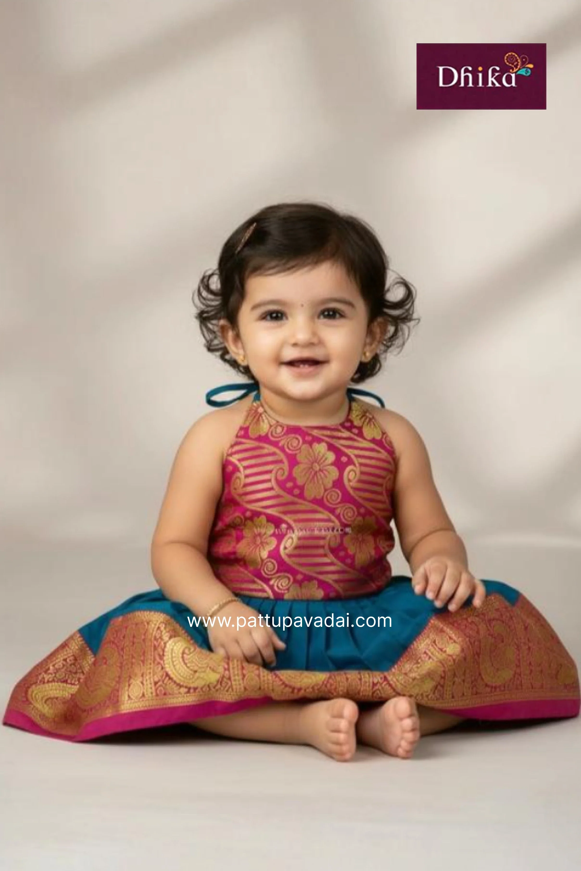 Pink & Peacock Blue Silk Knot Frock for Girls | Kids Party Wear