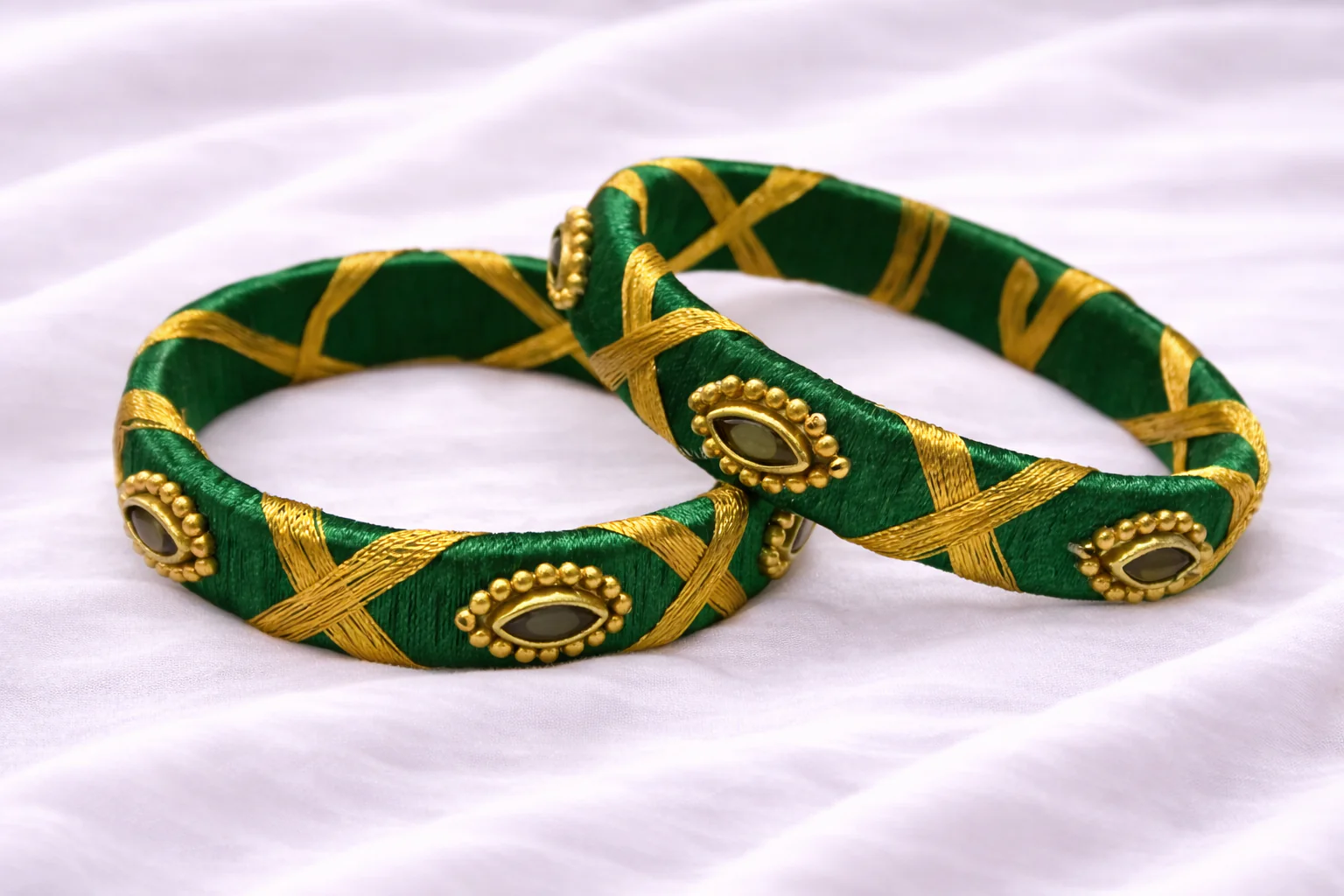 Silk Thread Bangle Dark Green with Golden Kundan – Handmade Traditional Jewelry for Girls