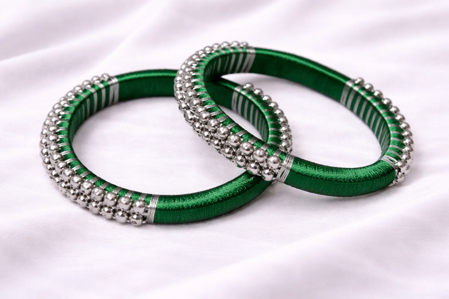 Silk Thread Bangle Green and Silver – Handmade Traditional Bangles for Girls