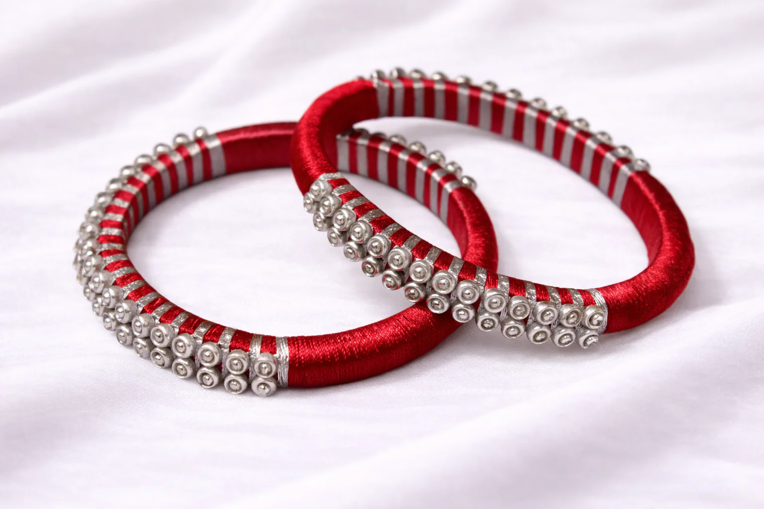 Silk Thread Bangle Red and Silver – Handmade Traditional Bangles for Girls