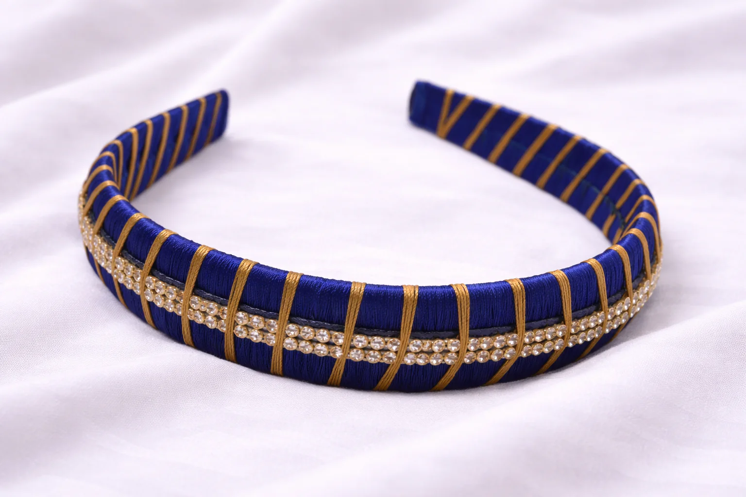 Silk Thread Headband Blue with 2 Line Stones – Traditional Hair Accessory for Girls