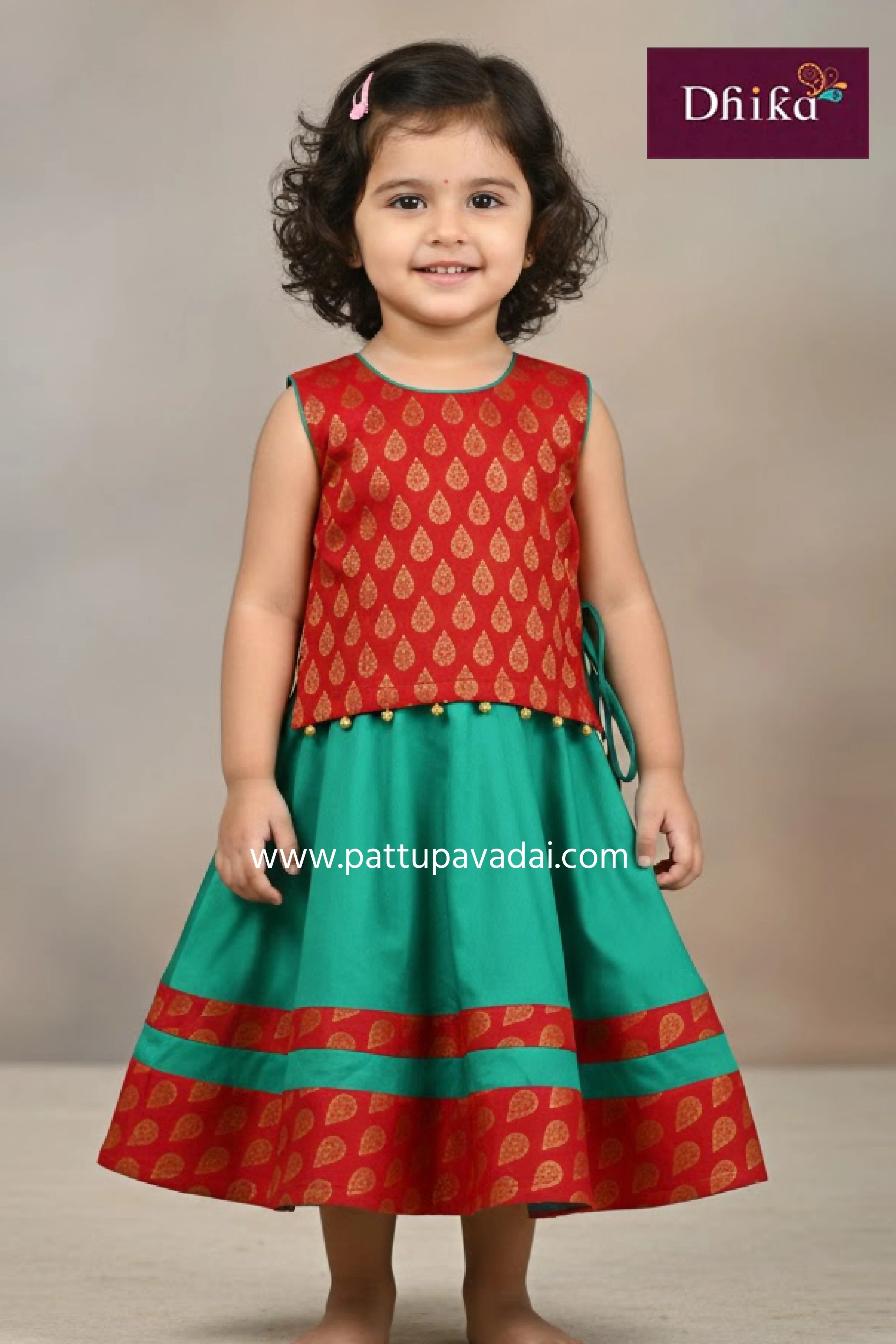 Sleeveless Green and Red Chanderi Langa – Brocade Fancy Langa Set for Kids