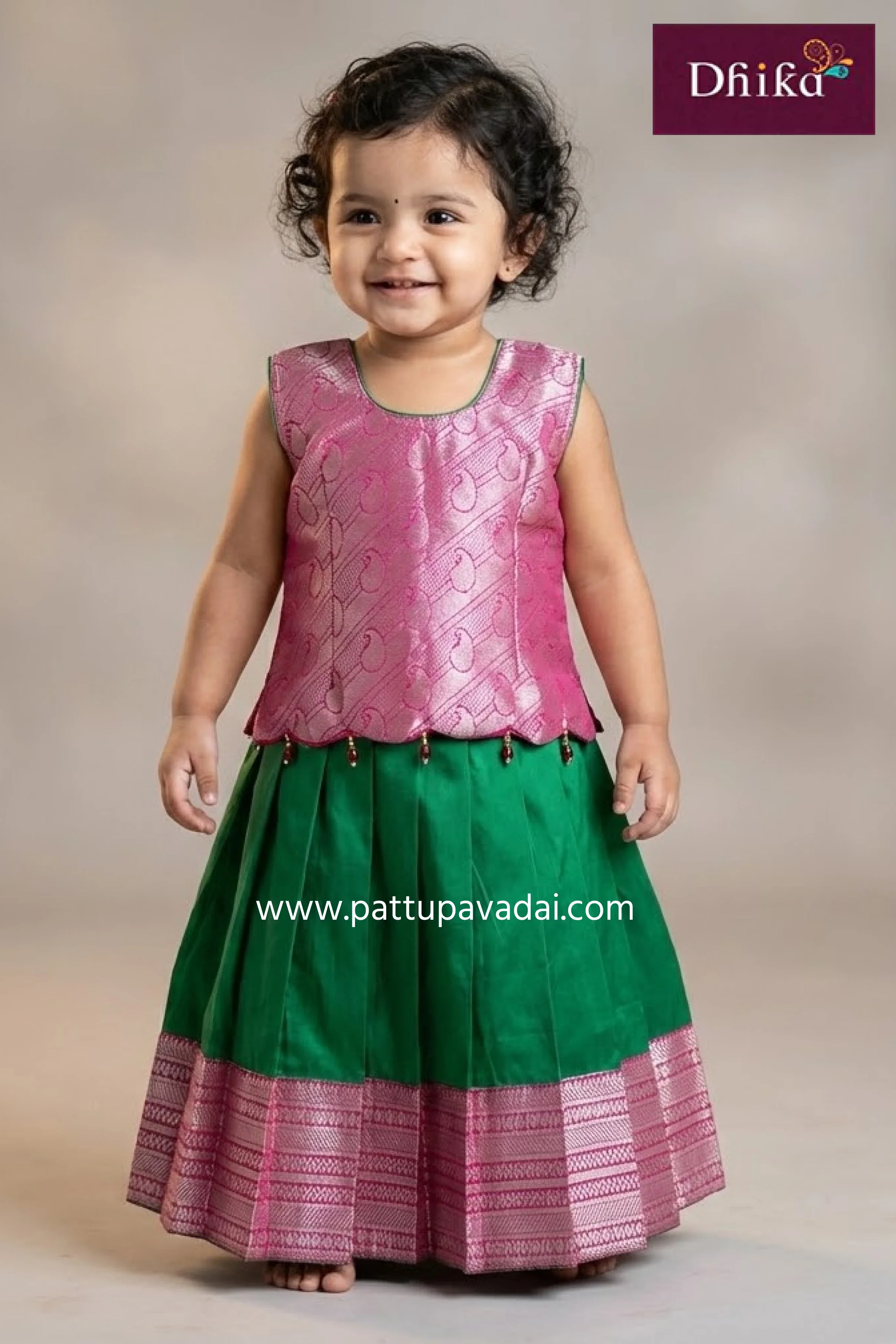 Kids Soft Silk Pattu Pavadai – Green & Pink Traditional South Indian Dress