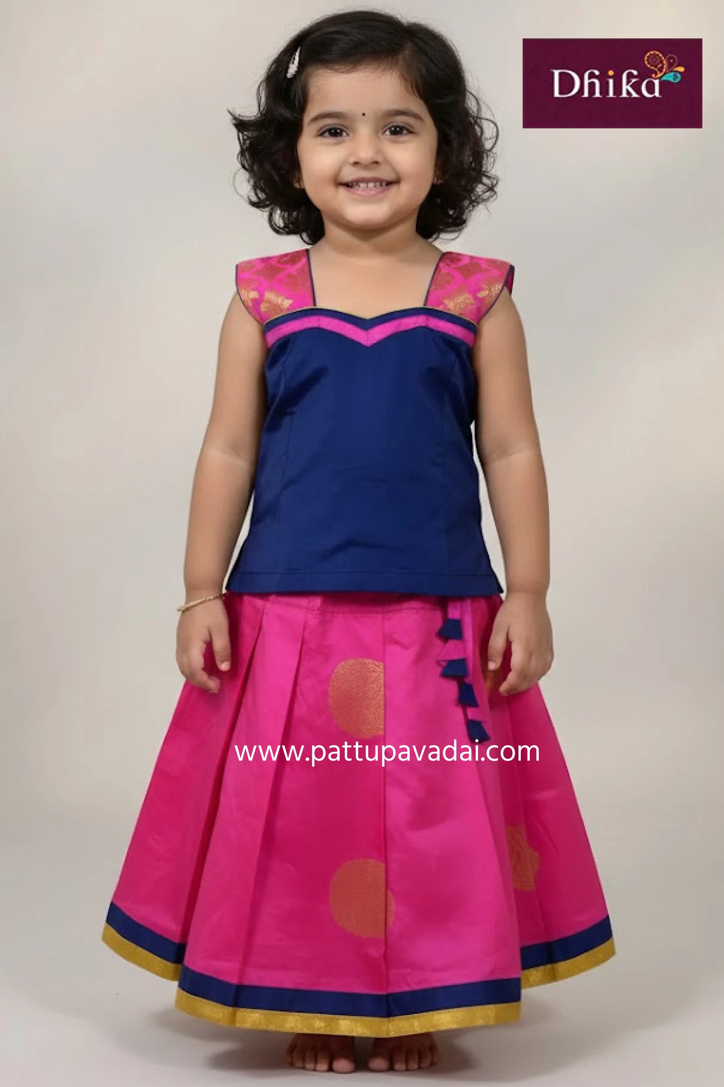 Soft Silk Pavadai Light Pink and Navy Blue – Zari Butta Festive Wear for Kids