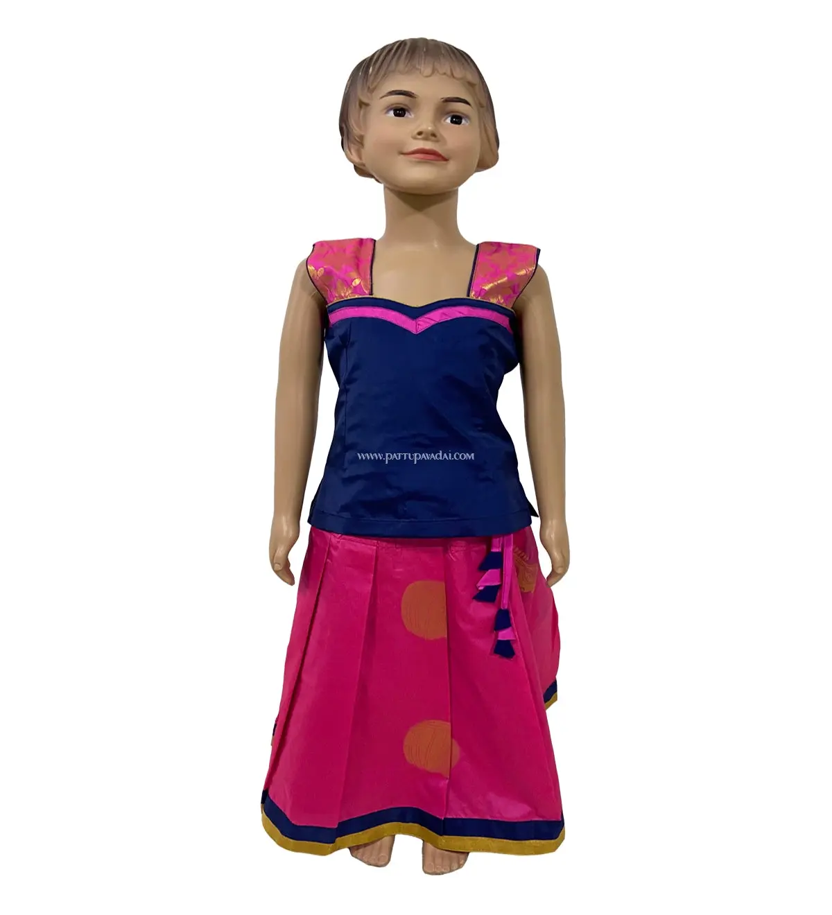 Soft Silk Pavadai Light Pink and Navy Blue – Zari Butta Festive Wear for Kids - Image 2