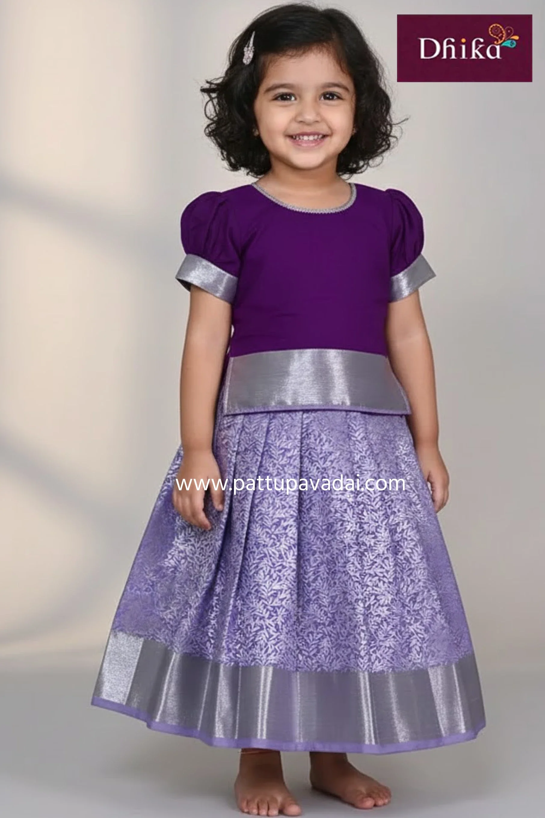 Soft Silk Silver Zari Pattu Pavadai Purple and Violet – Peplum Style Traditional Skirt Set for Kids