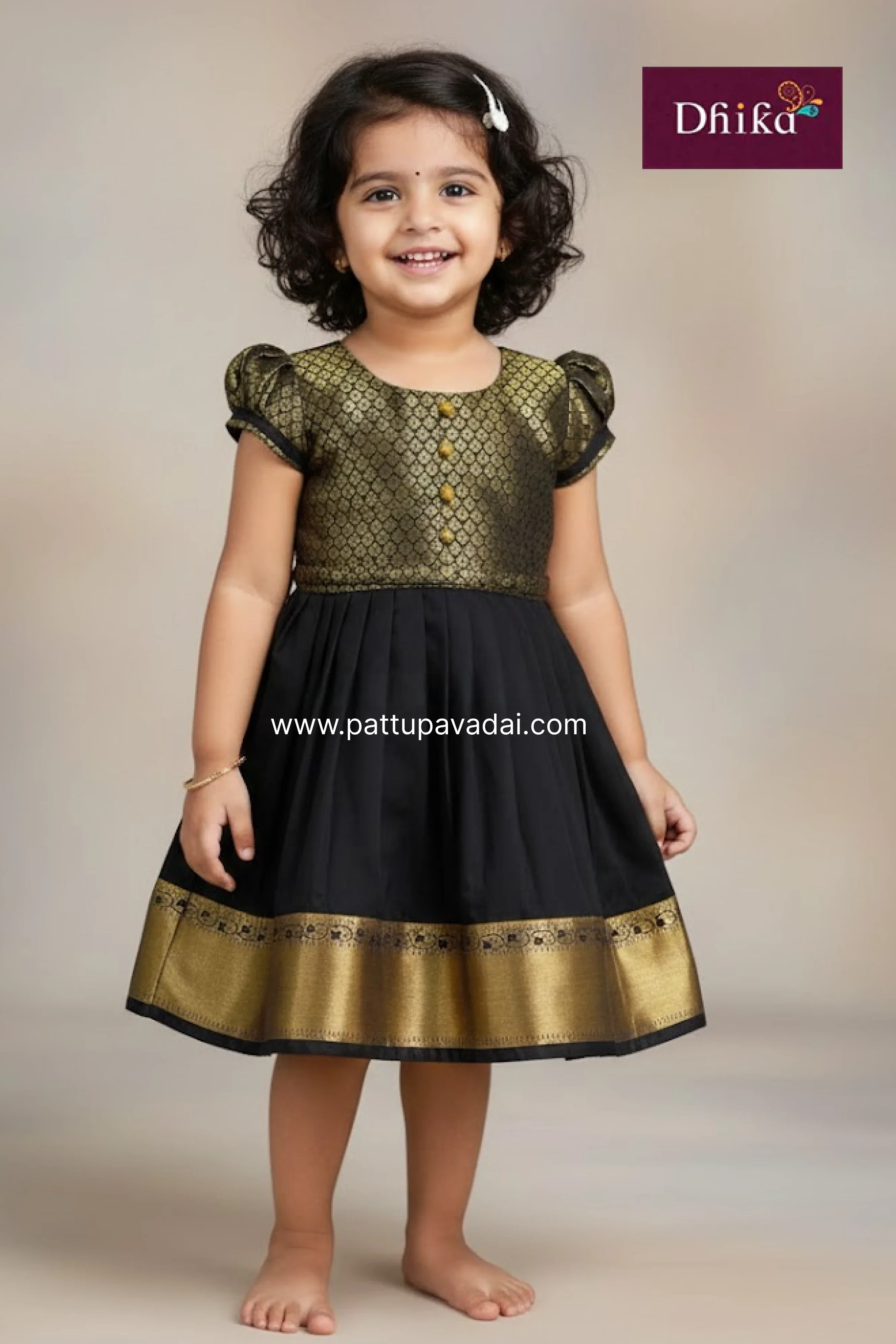 Black & Golden Silk Frock for Toddler Girls | Party Wear Dress