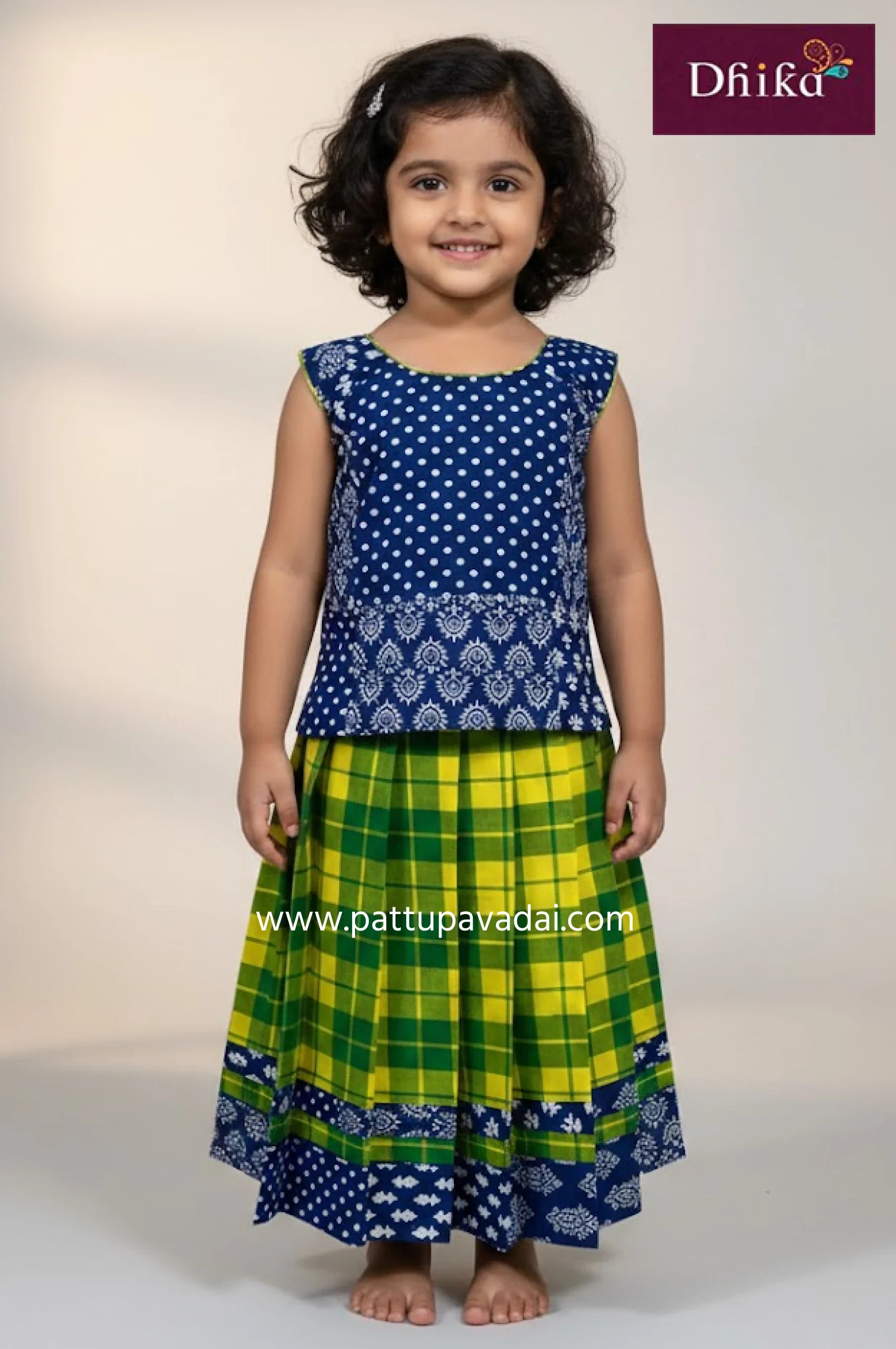 Traditional Cotton Pavadai Green and Blue – Checked Skirt and Sleeveless Blouse Set for Kids