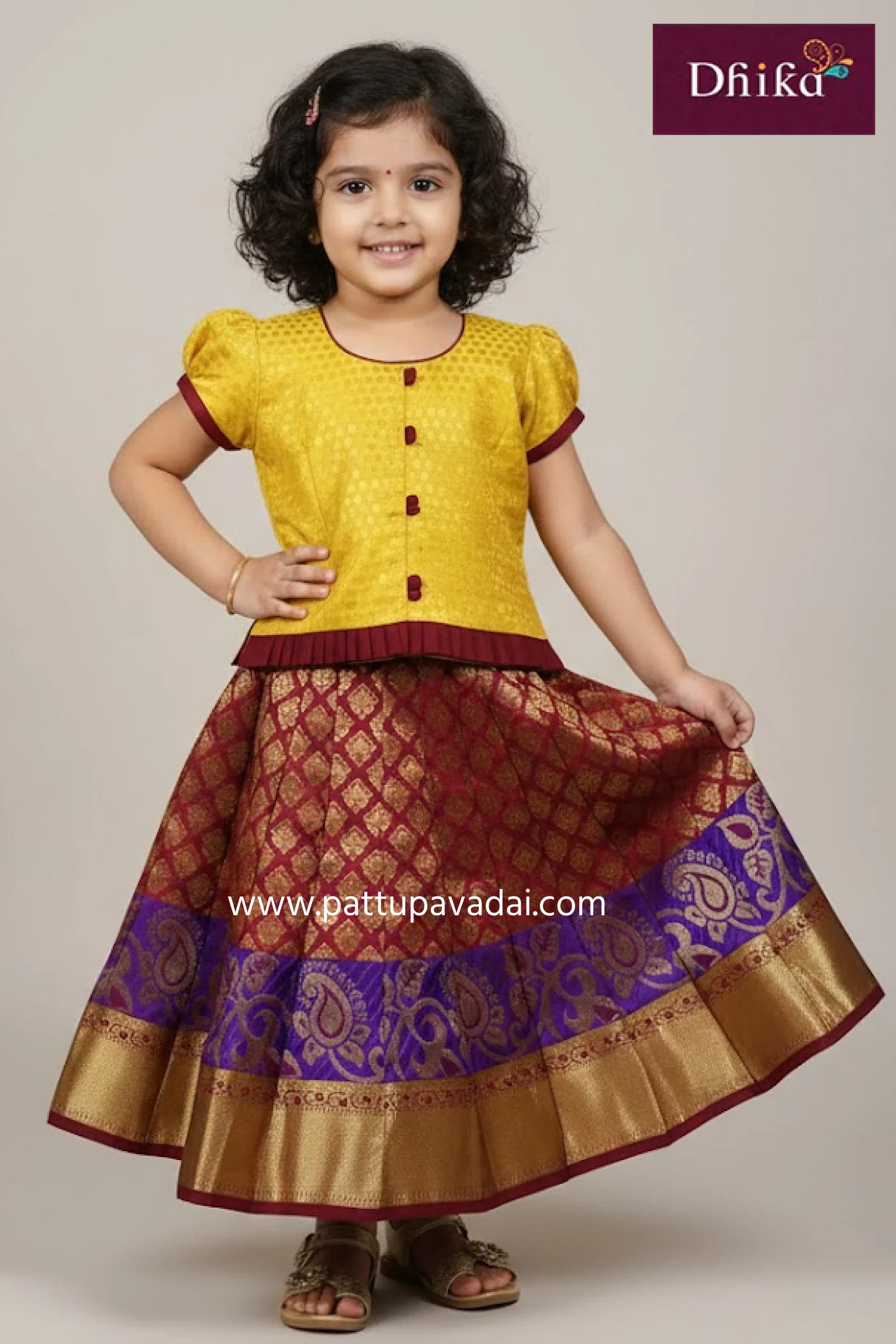 Traditional Pattu Pavadai Yellow and Maroon | Kids Silk Skirt Set for Festivals and Occasions
