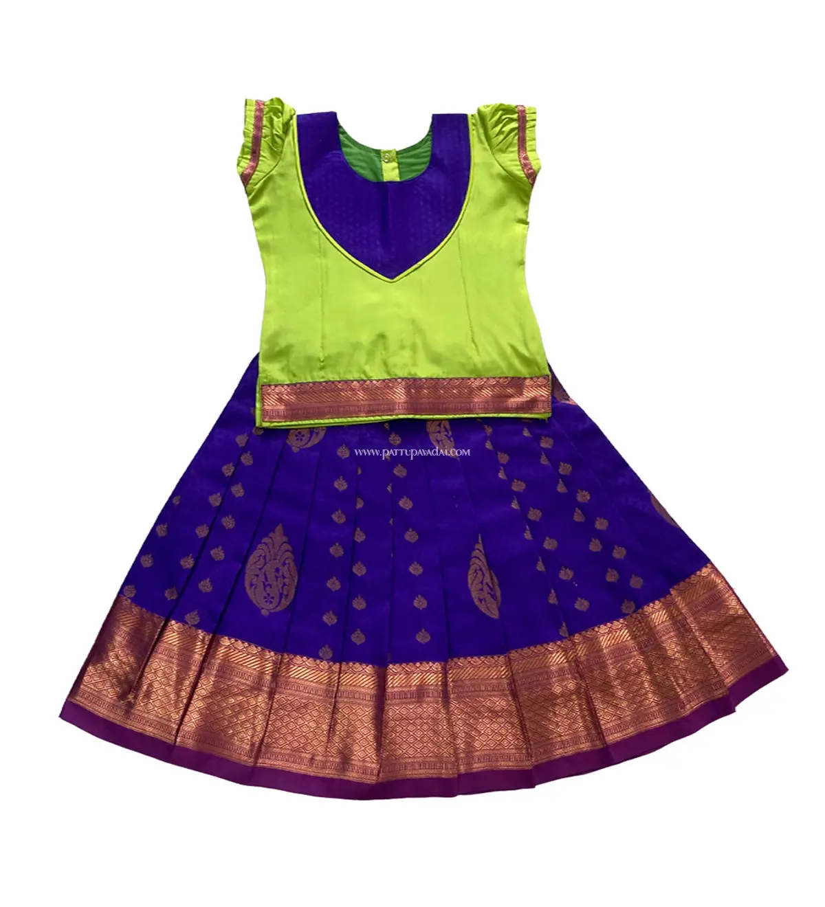 Kids Soft Silk Pavadai Violet and Parrot Green – Traditional Skirt with Patch Work Blouse - Image 2