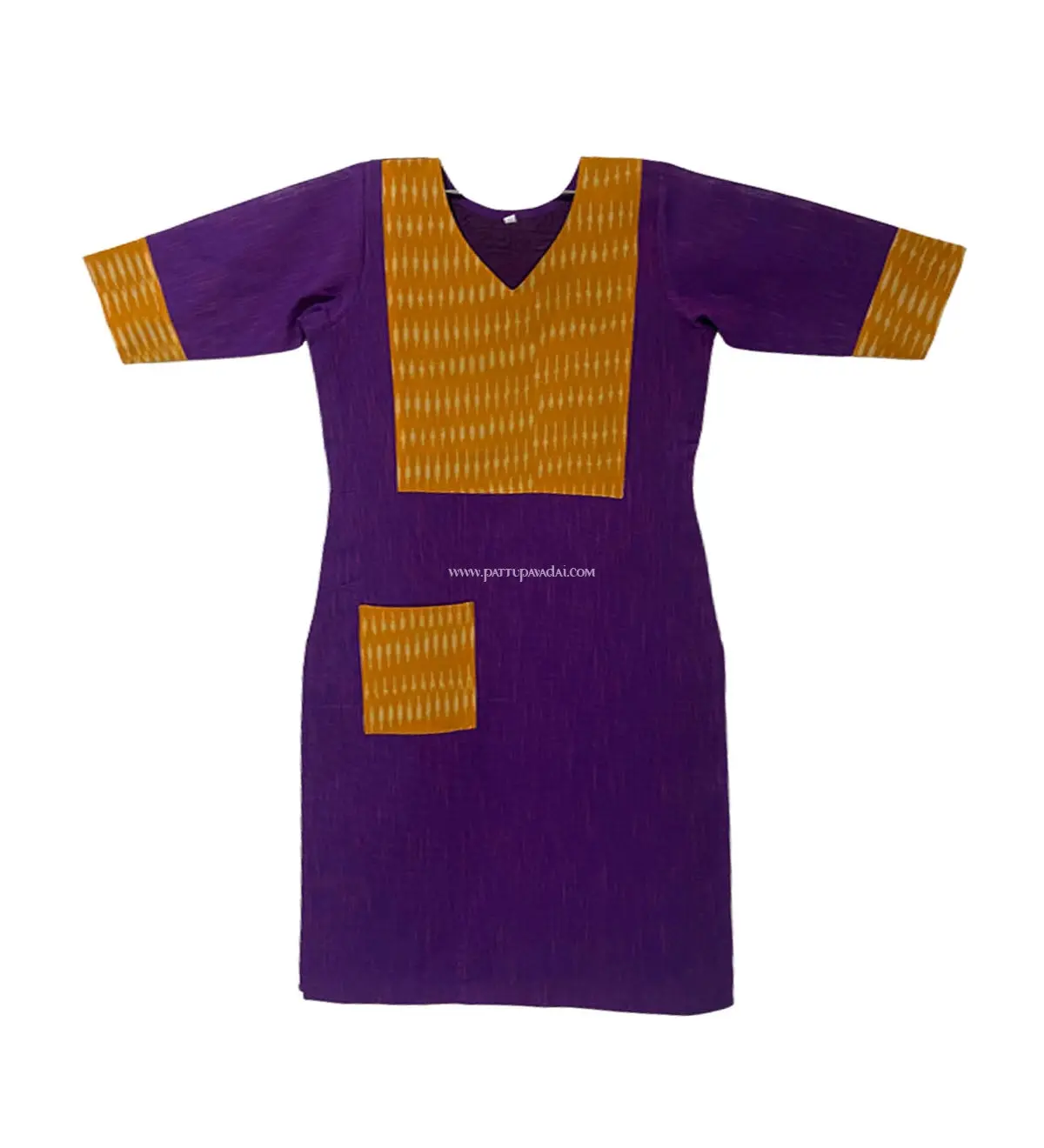 Violet & Yellow Ikkat Cotton Kurti – Soft & Comfortable Traditional Wear - Image 2