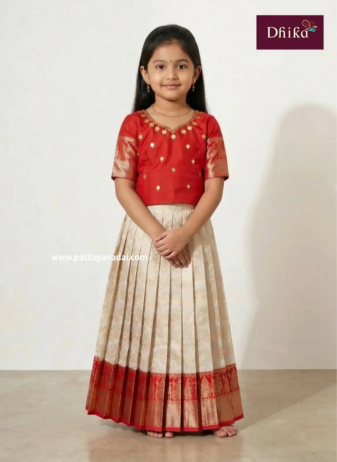 White and Red Pure Silk Pattu Pavadai for Girls – Traditional South Indian Kids Ethnic Wear