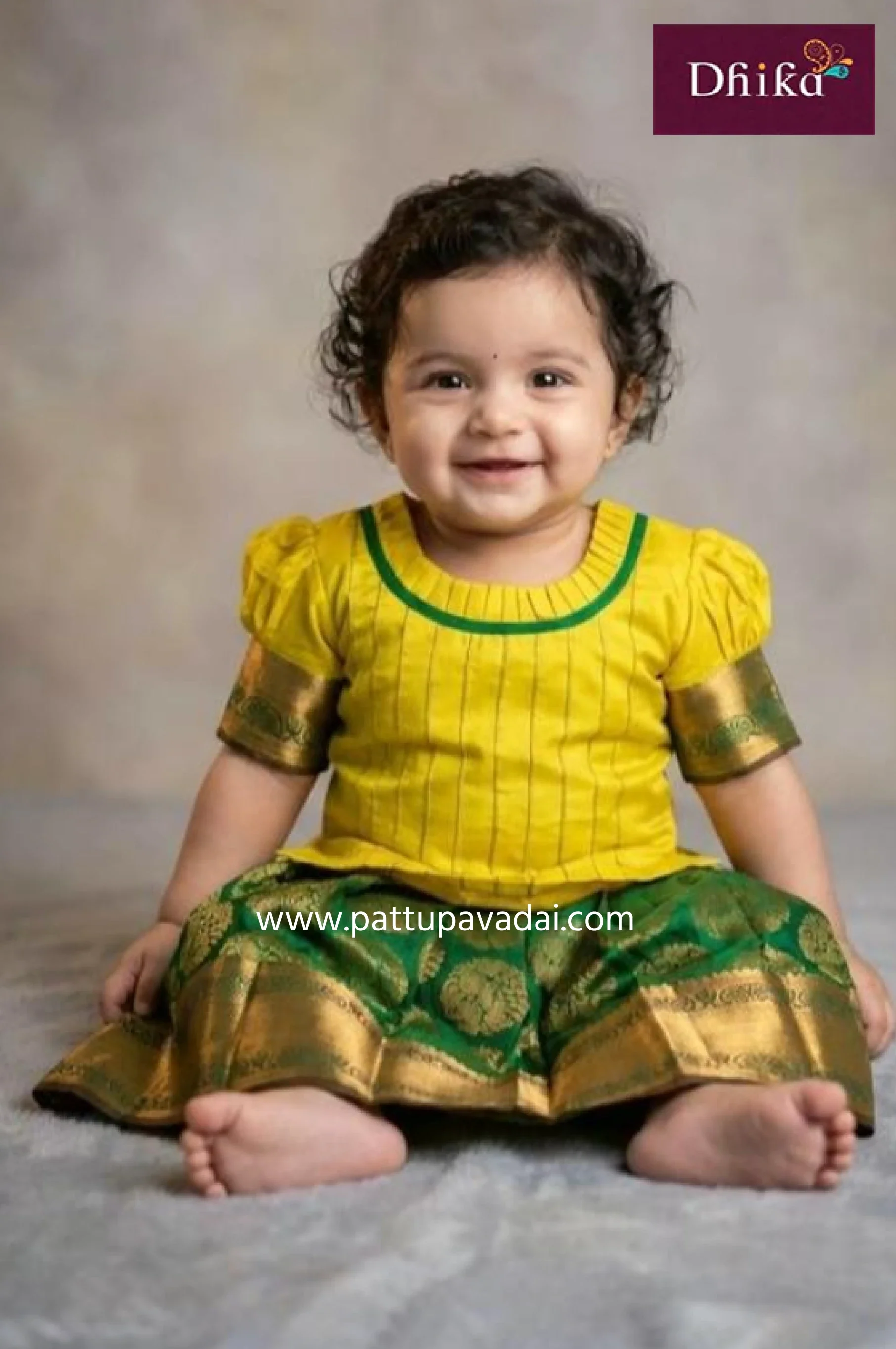 Yellow and Green Pure Silk Pavadai – Traditional Zari Work Skirt and Blouse Set for Kids