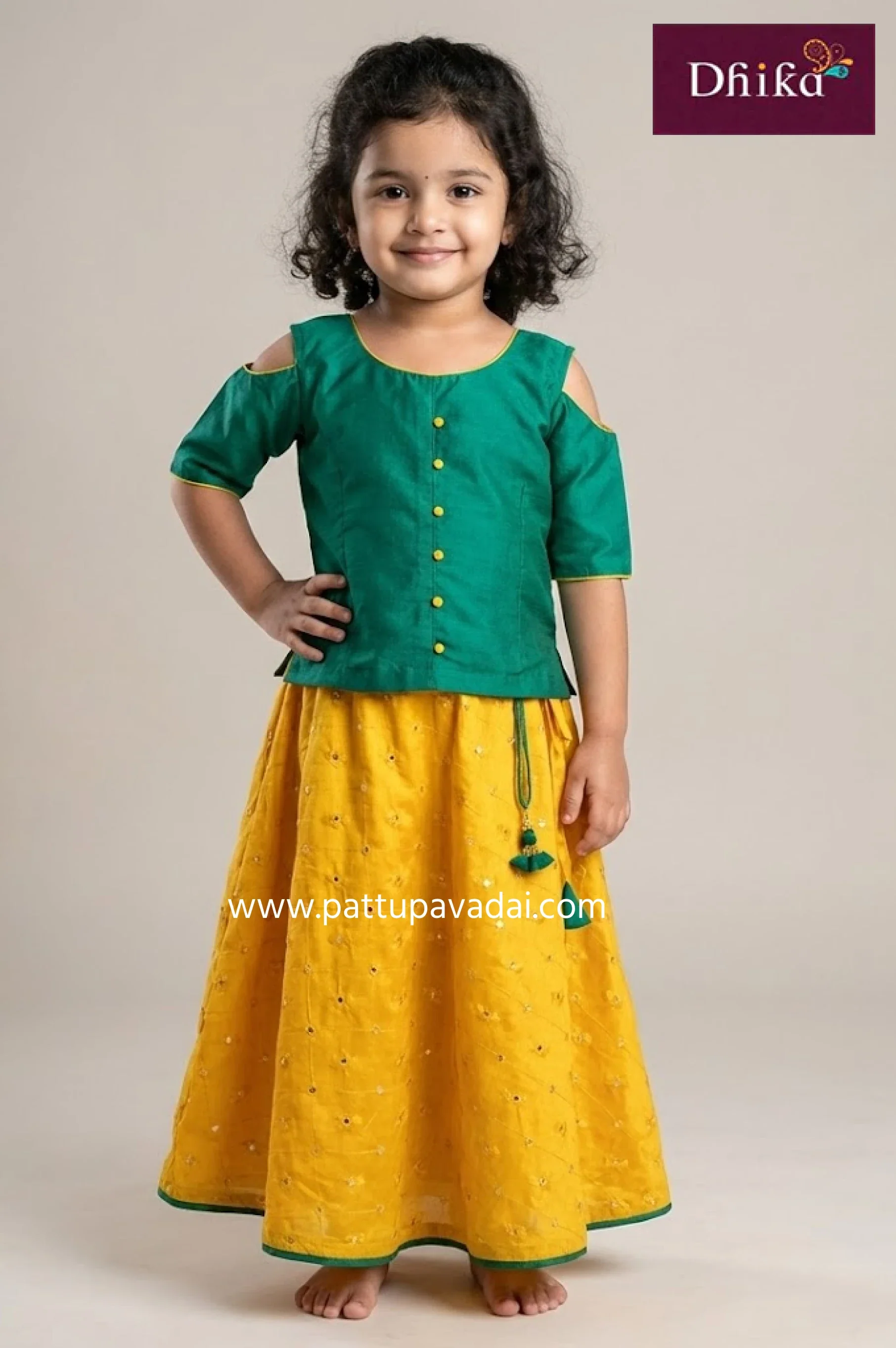 Kids Yellow and Rama Green Fancy Langa – Traditional Skirt and Cloud Shoulder Top Set