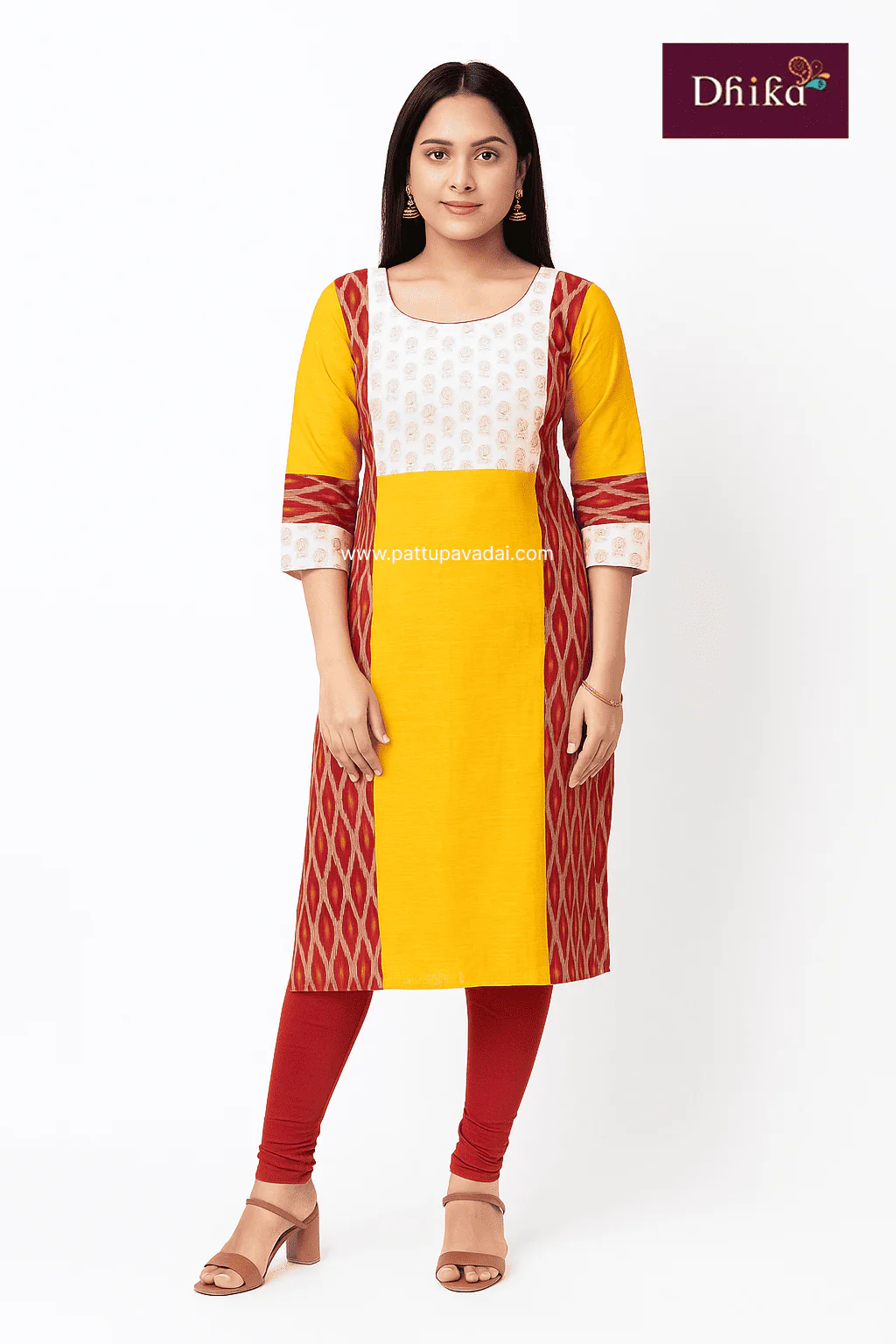 Yellow & Red Cotton Kurti – Printed Ikkat Design with Soft Cotton Lining