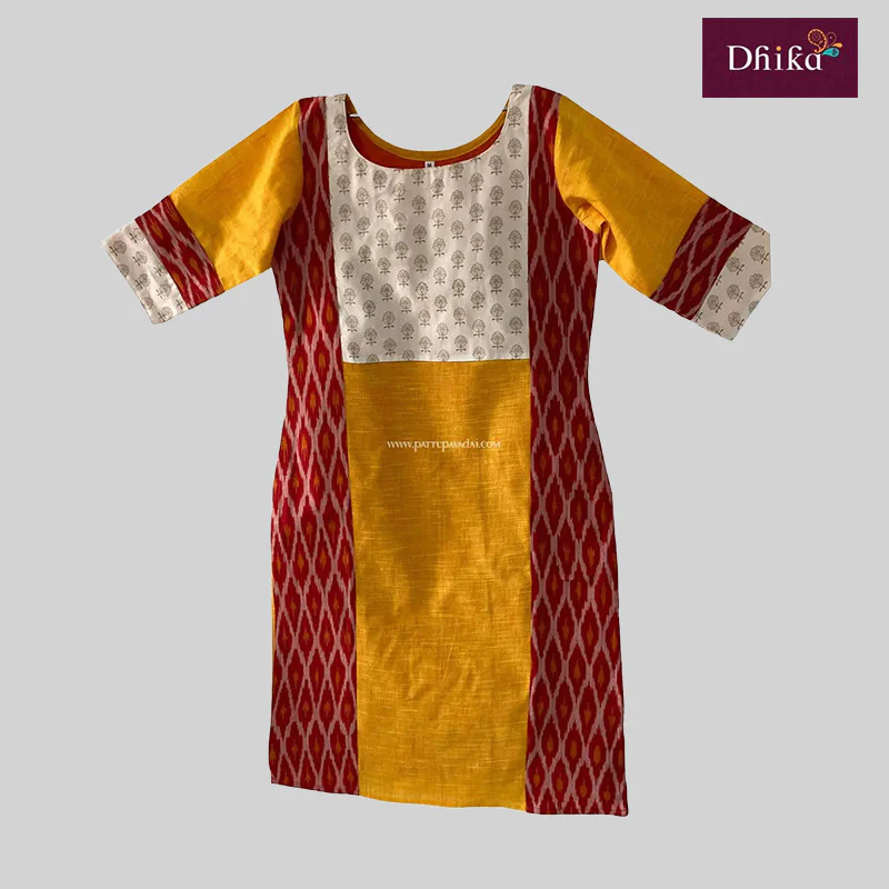 Yellow & Red Cotton Kurti – Printed Ikkat Design with Soft Cotton Lining - Image 2